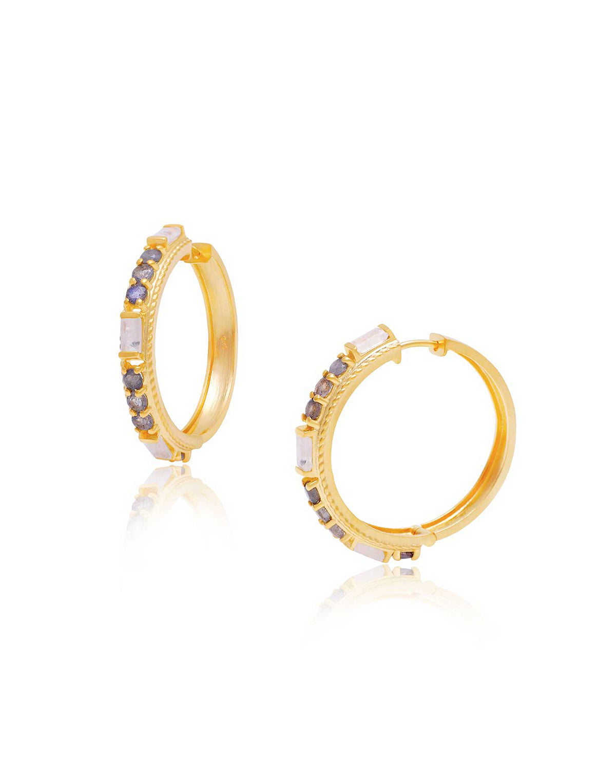 Gold hoop earrings with rainbow moonstone and labradorite gemstones