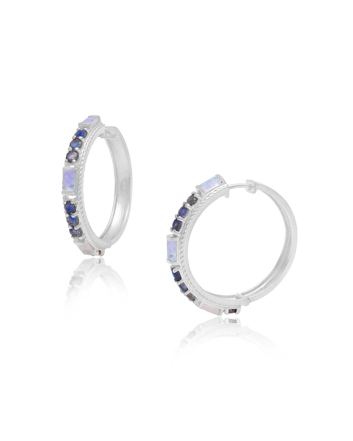 Midsize silver hoop earrings with rainbow moonstone and labradorite gemstones