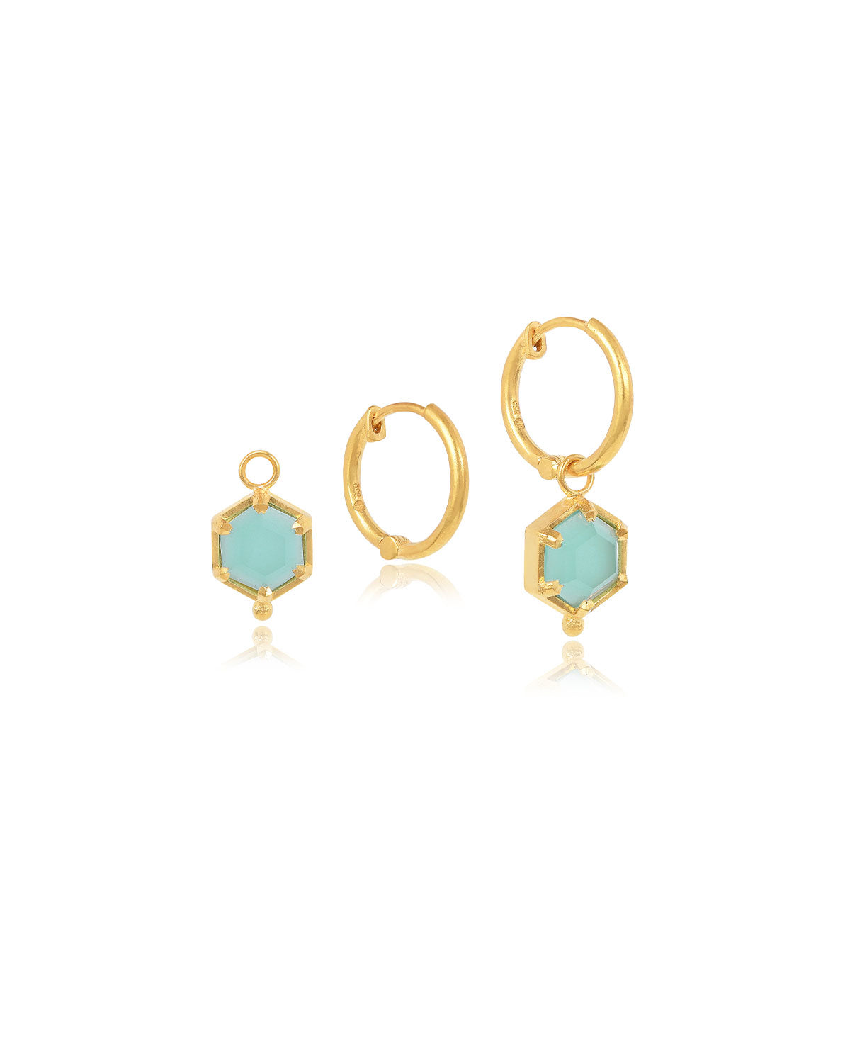 Gold mini hoop earrings with aqua chalcedony drop charms and a polished finish