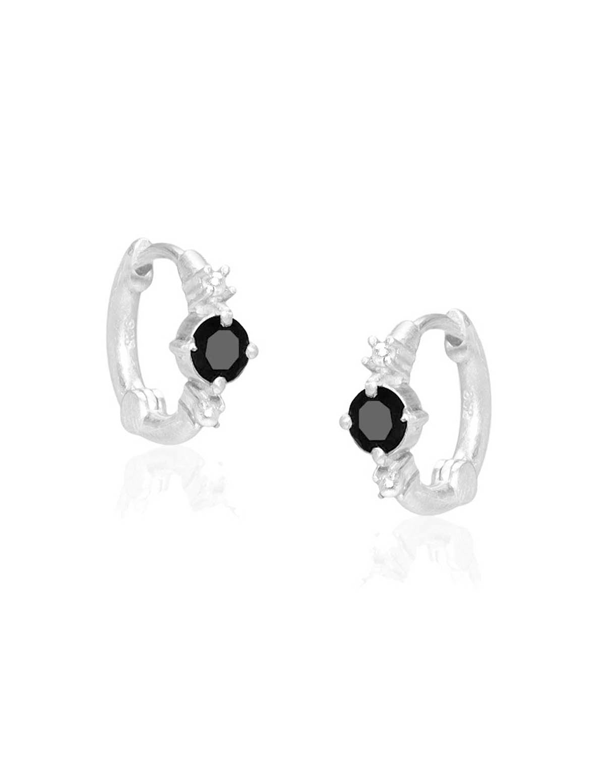 Silver mini hoop earrings with black spinel and pearl accents