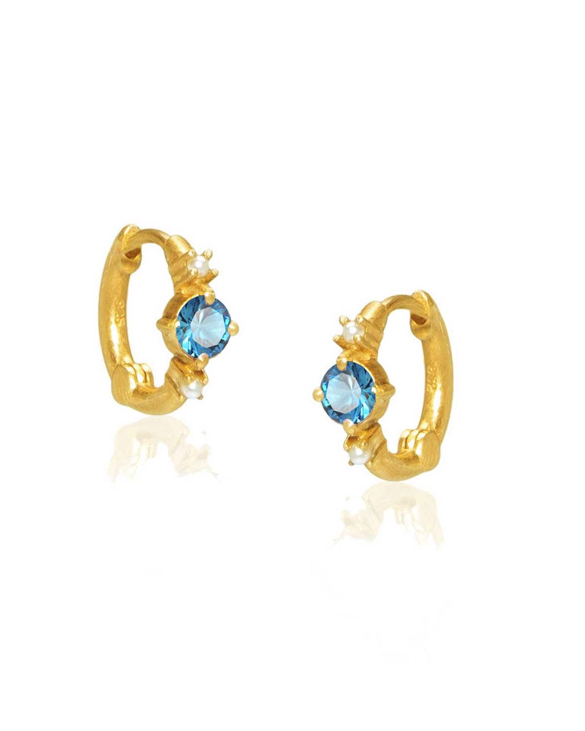 Gold mini hoop earrings with blue topaz gemstones and natural pearls
