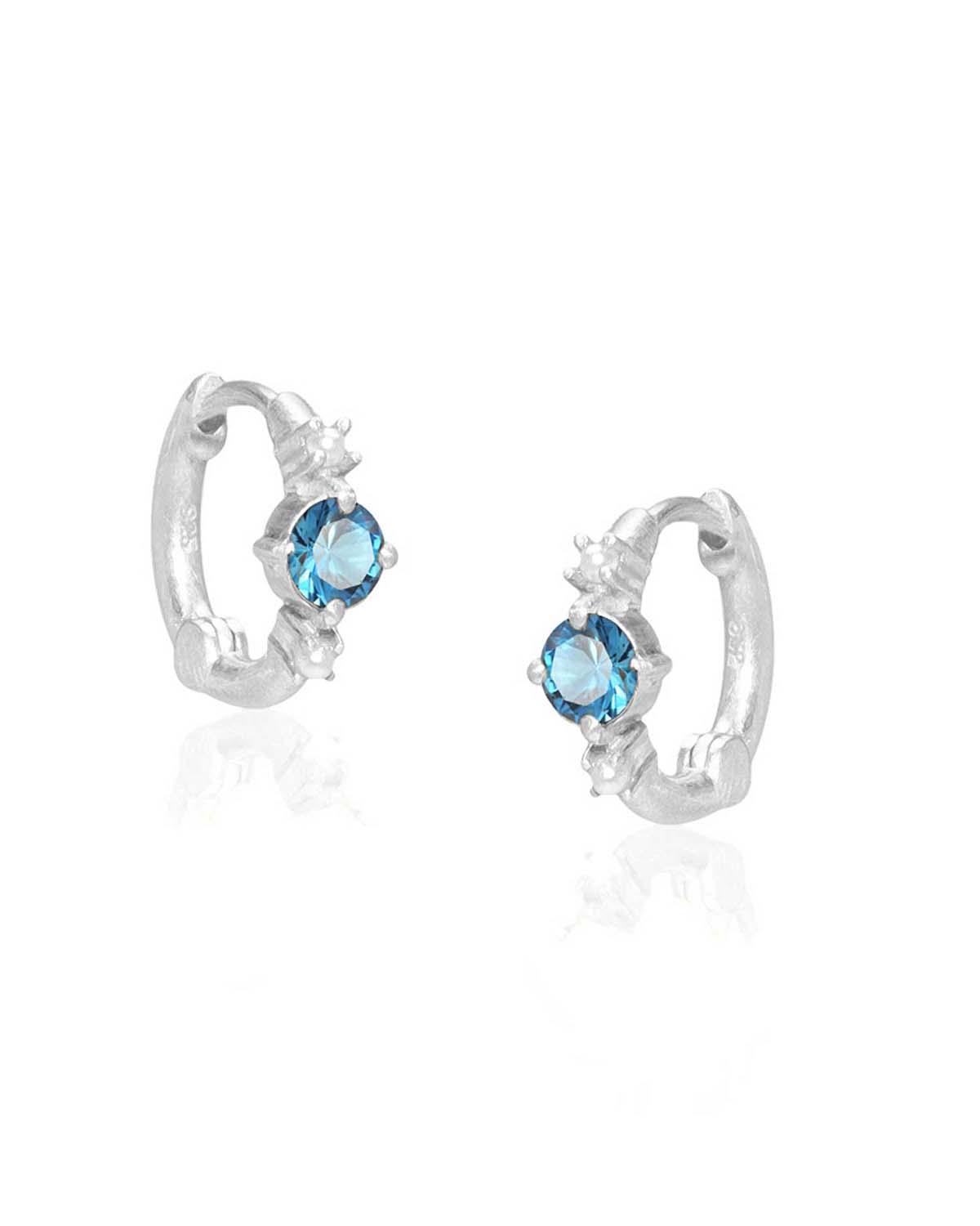 Silver mini hoop earrings with blue topaz gemstones and natural pearls