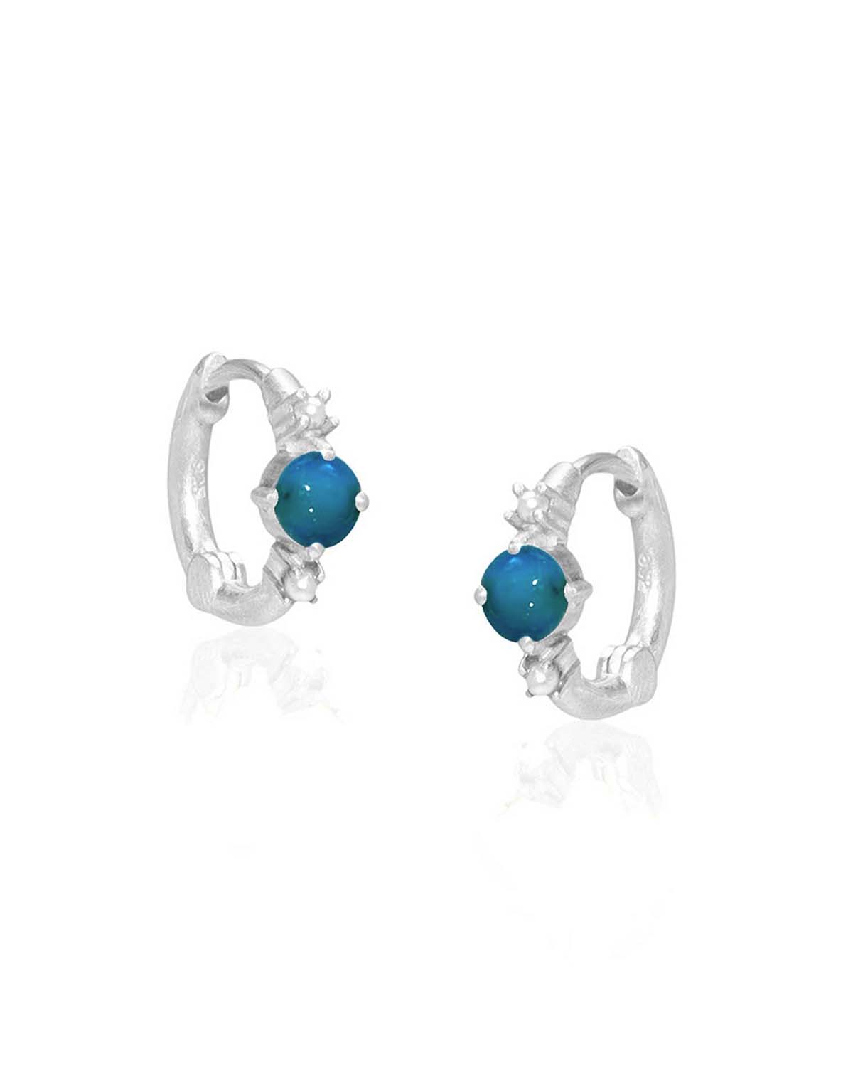 Silver mini hoop earrings with turquoise gemstones and natural pearl accents