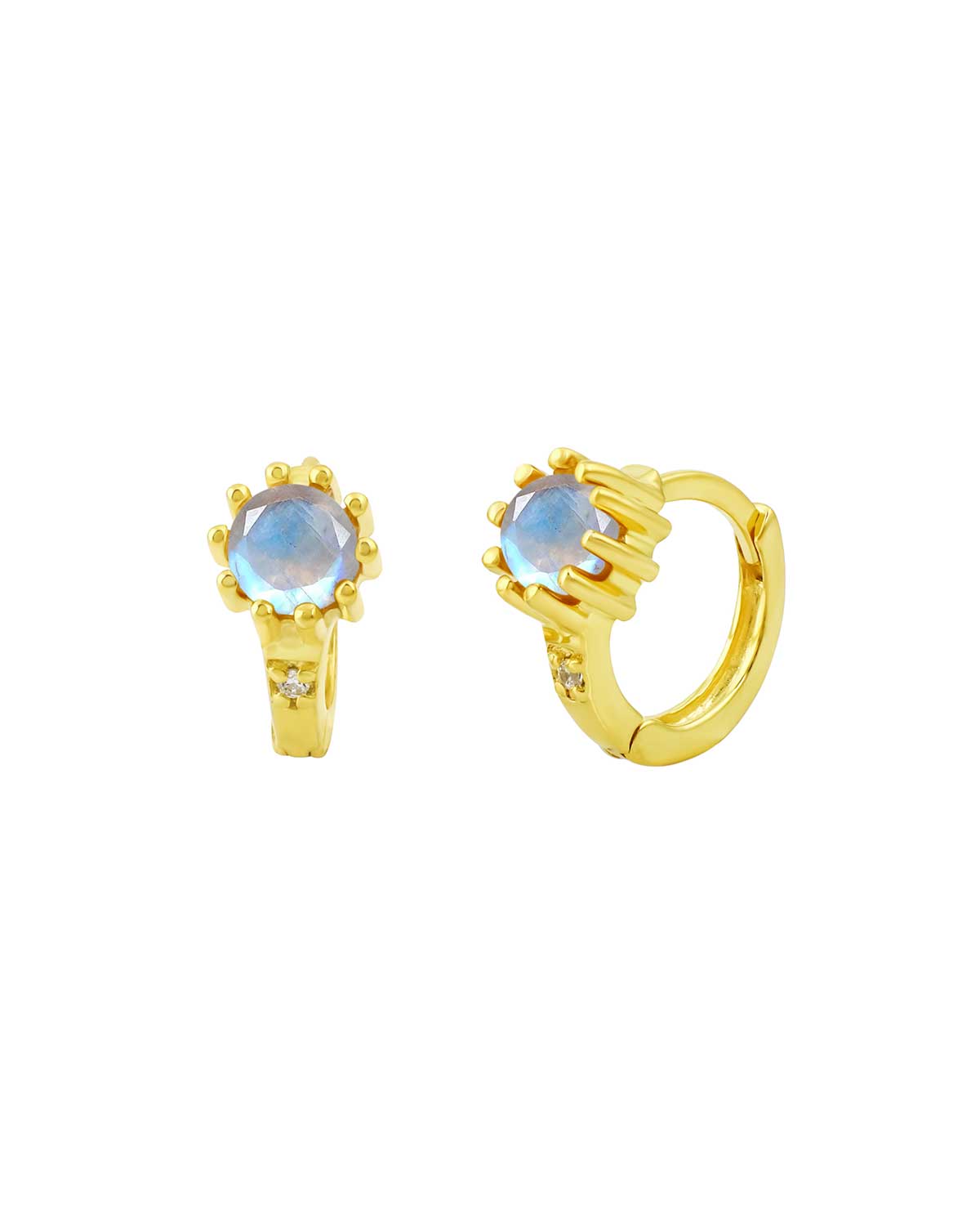 Lightweight gold hoop earrings with pink amethyst and labradorite gemstones