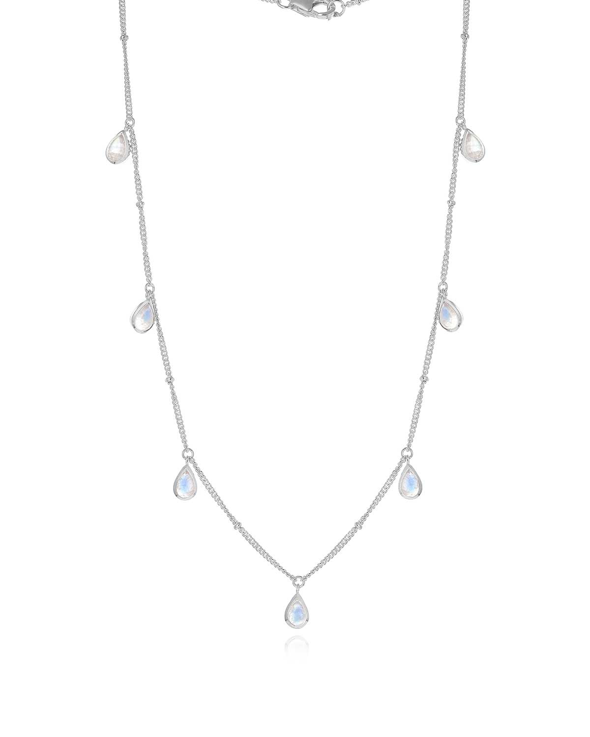 Necklace with hand-cut rainbow moonstone teardrop-shaped gemstones 