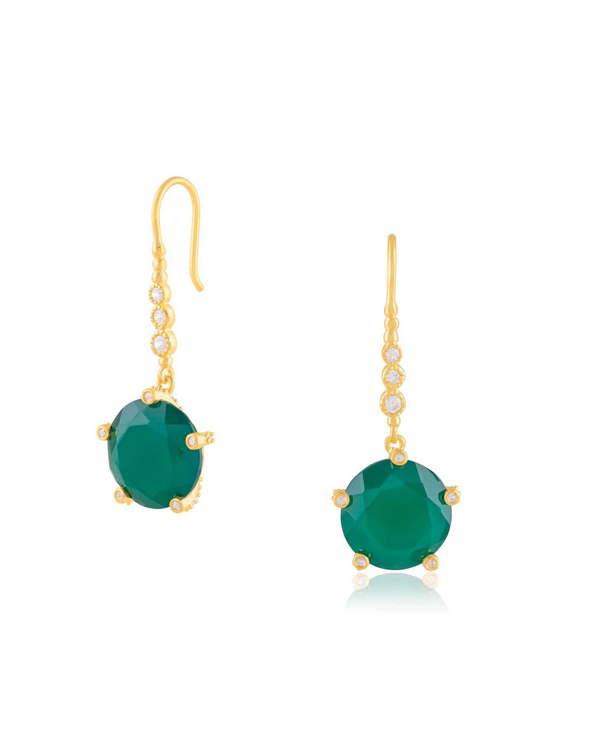 Gold earrings with emerald green onyx gemstones and crystal detailing