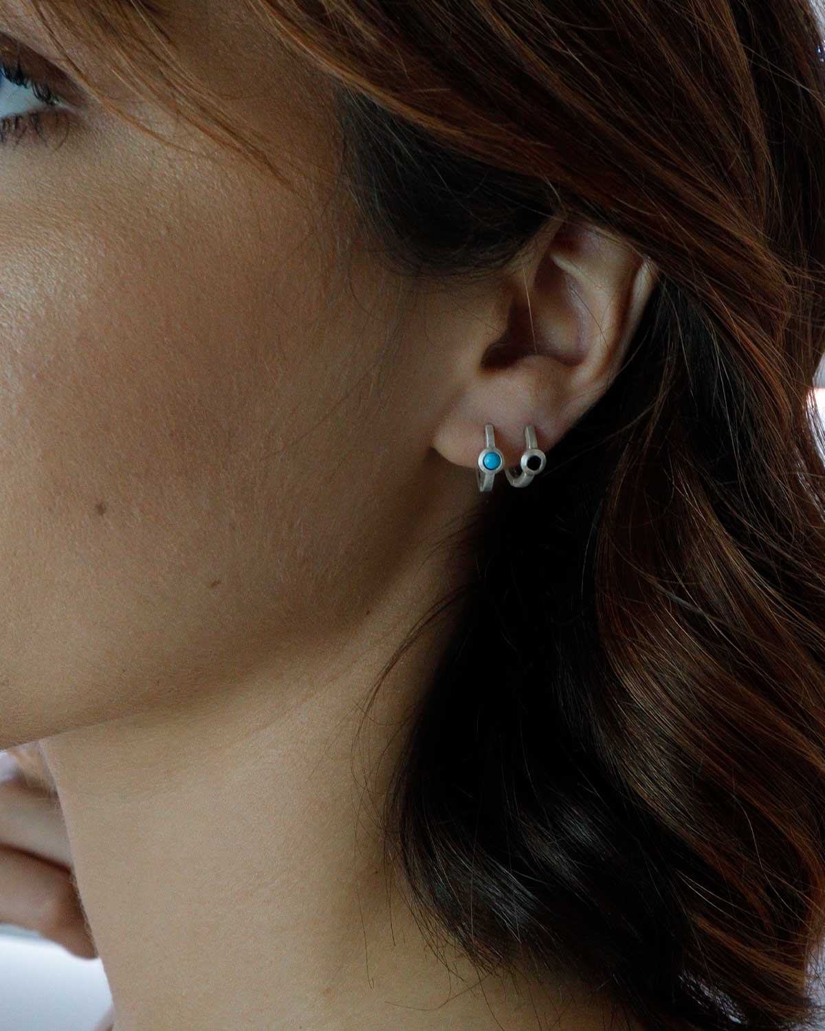 Everyday silver mini hoop earrings with turquoise gemstones