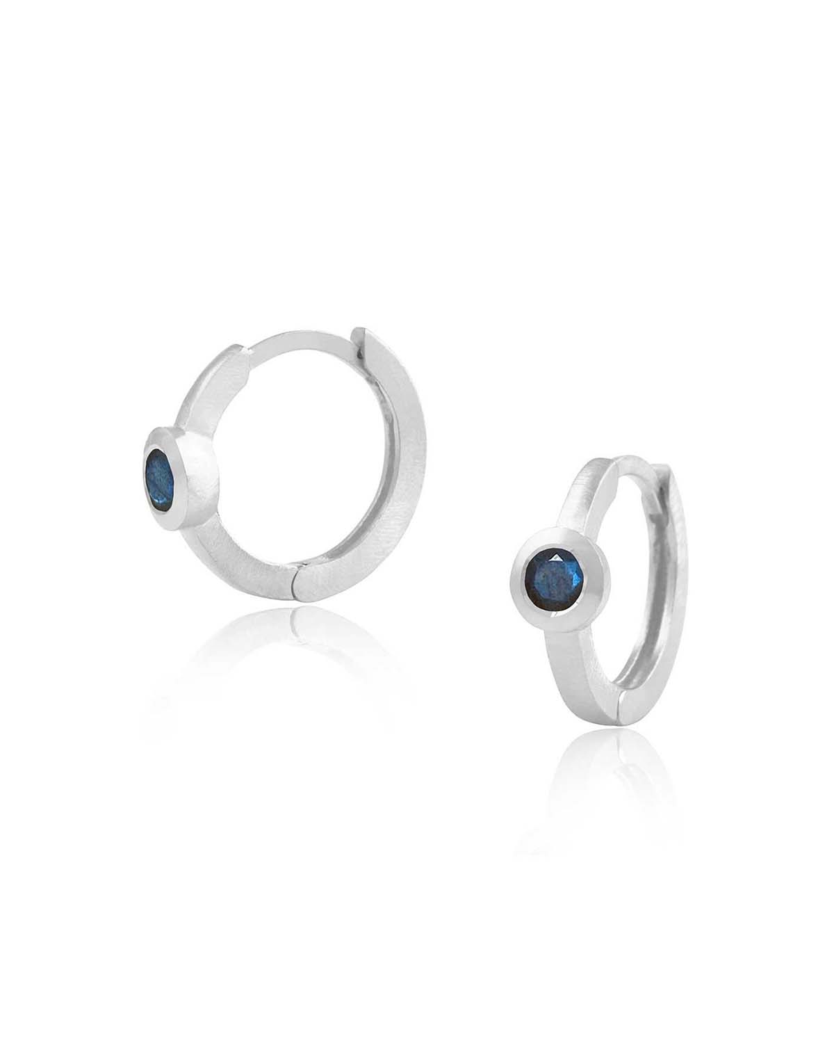 Silver huggie earrings with hand-cut labradorite gemstones and polished finish