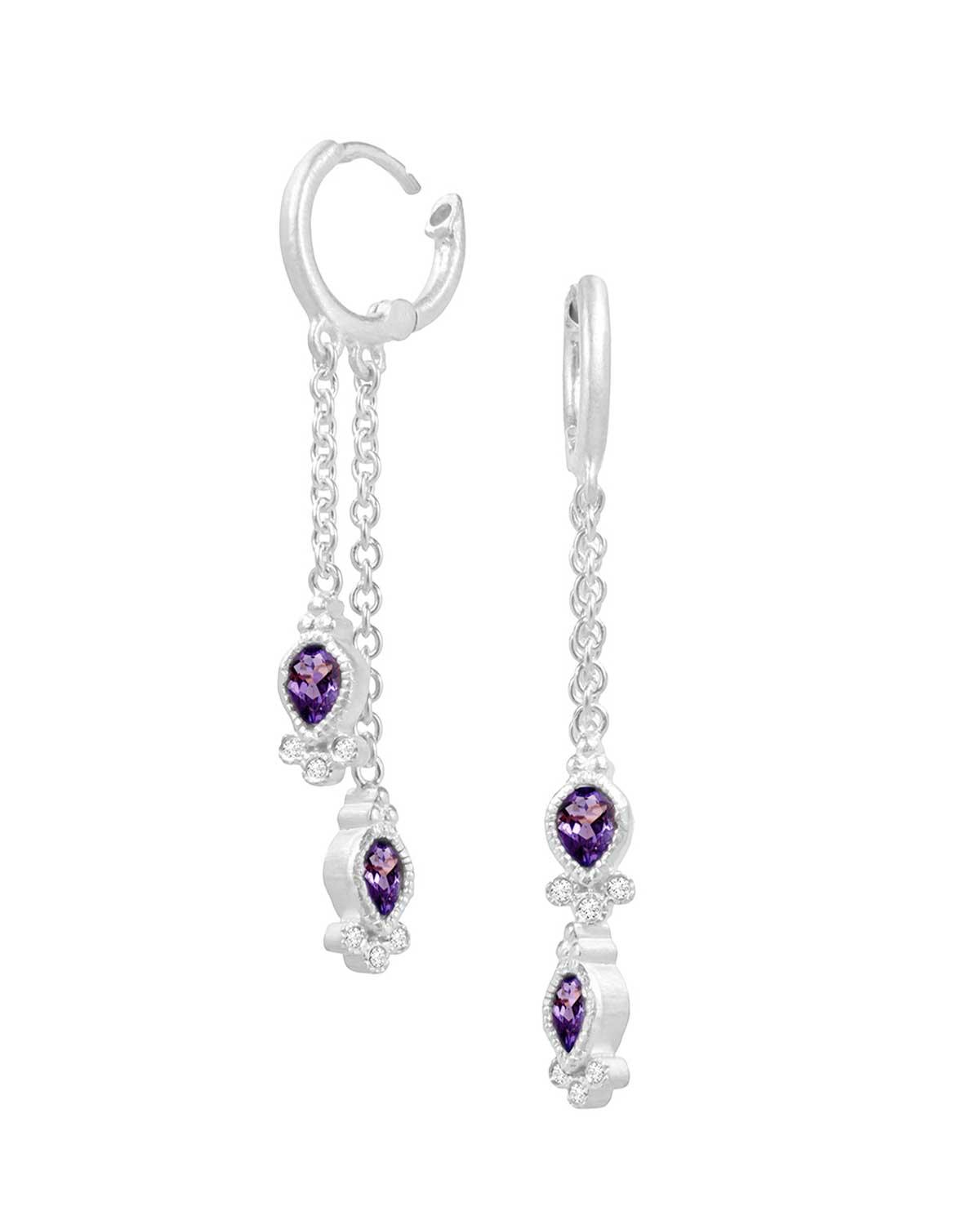 Gold plated mini hoop earrings with twin teardrop amethyst gemstones