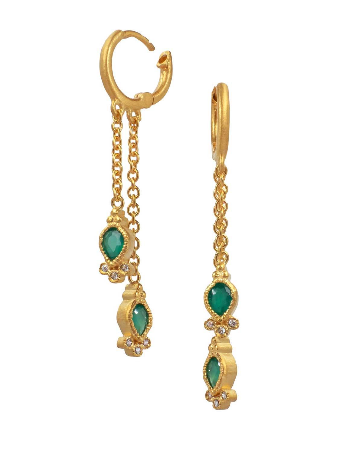 Mini hoops featuring twin teardrop green onyx gemstones with crystal detail
