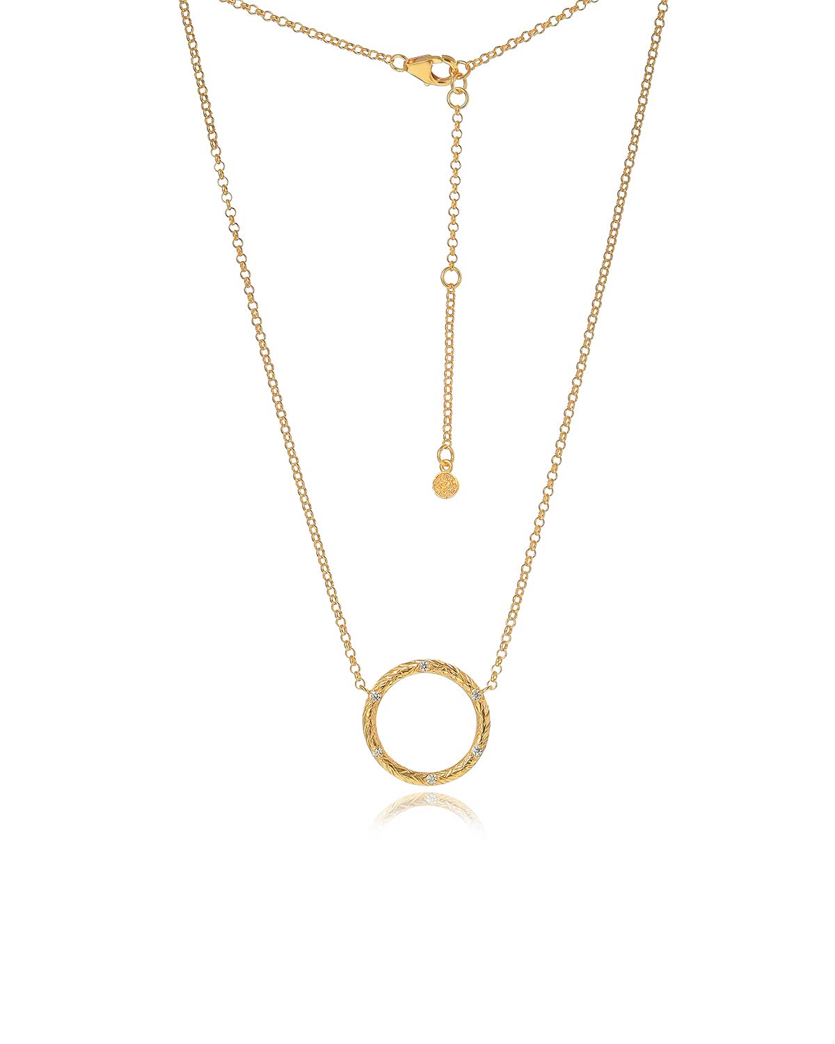 Gold adjustable necklace with six round diamonds set in a circular pendant