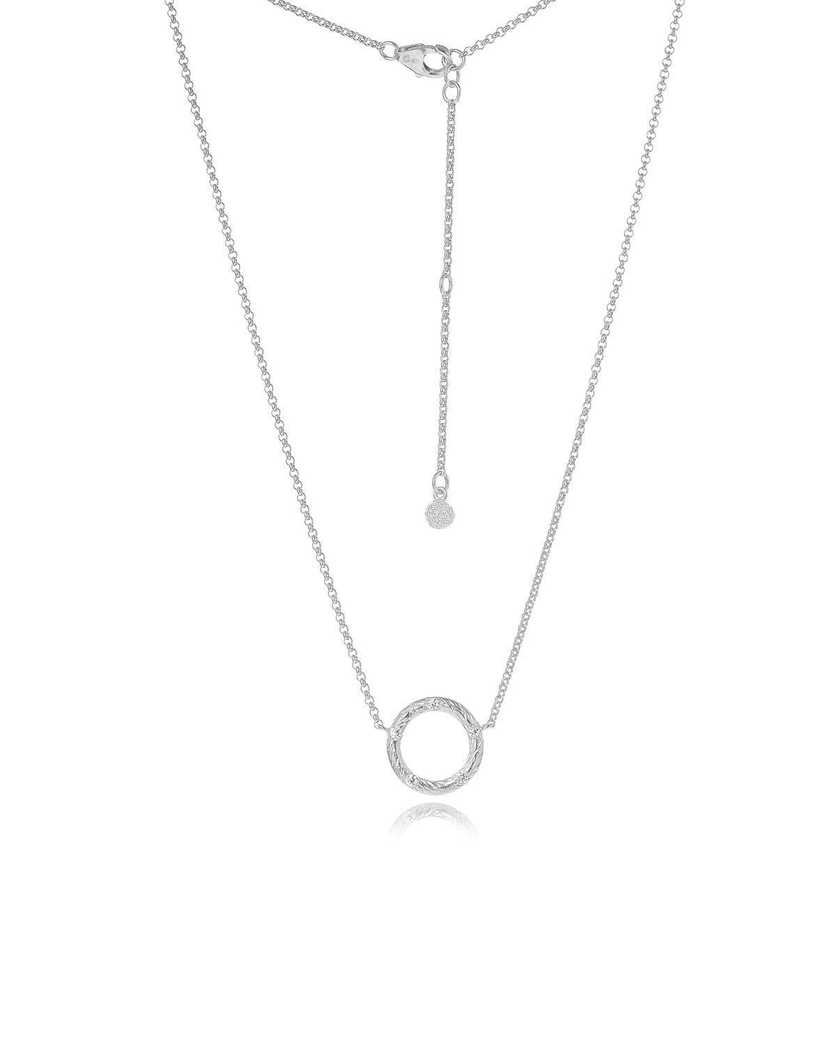 Adjustable sterling silver chain with diamond-studded circle pendant