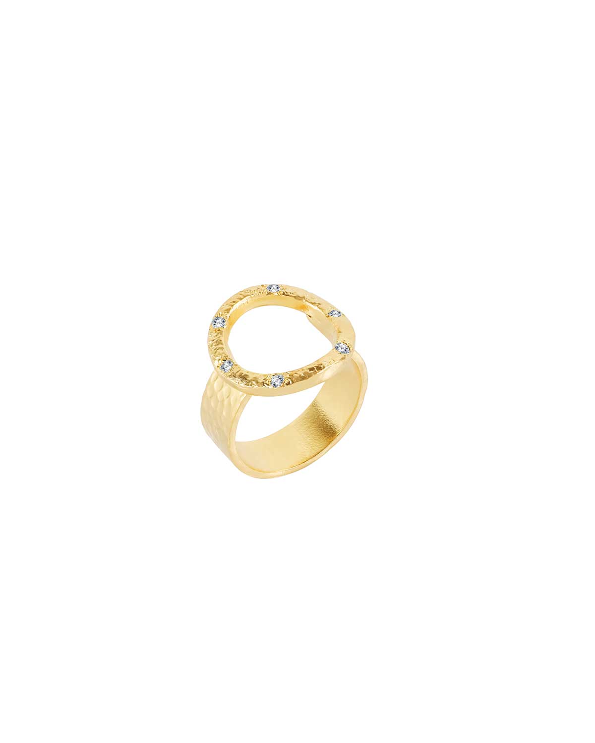 Gold ring with circular design and embedded stones 