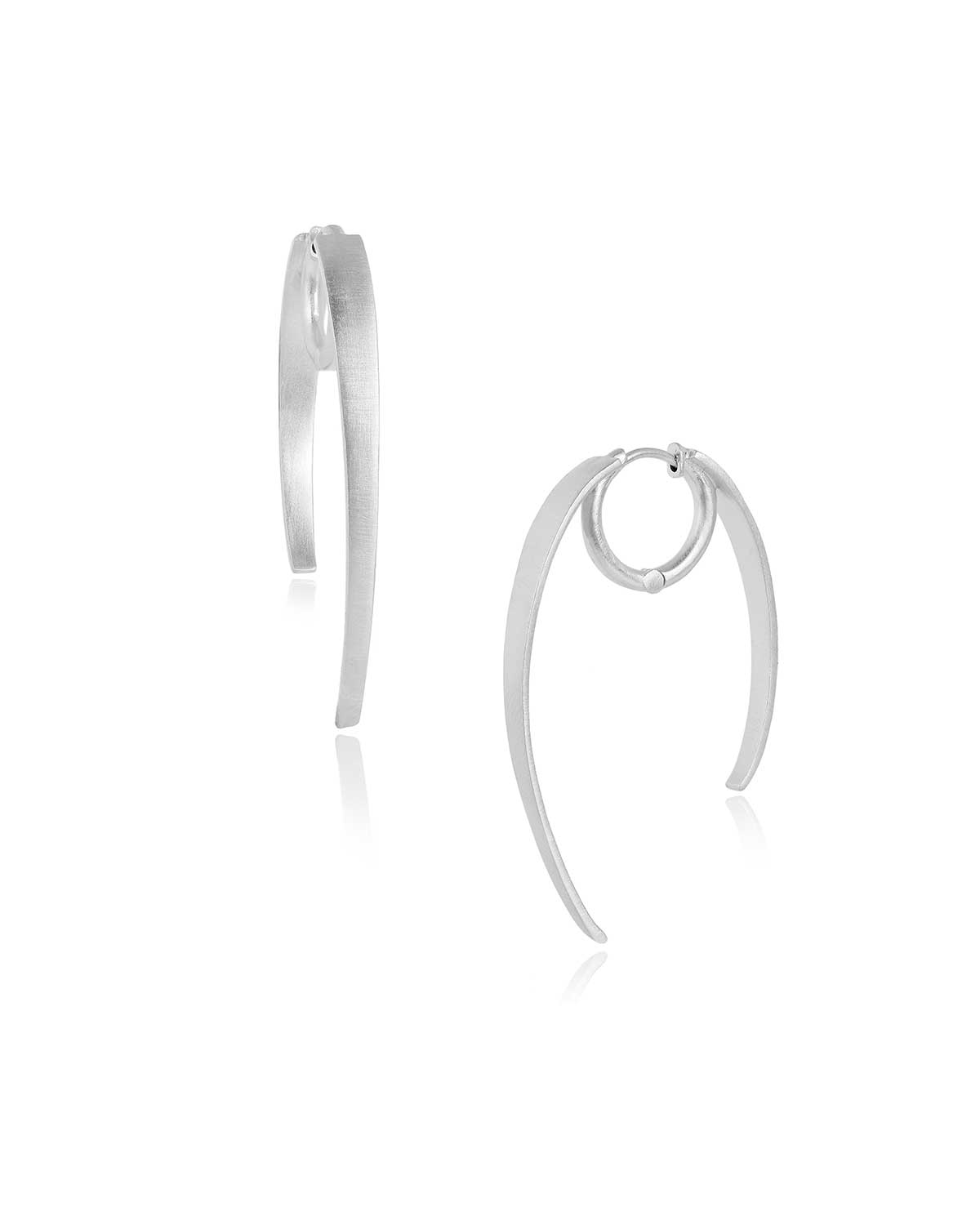 Pair of silver hoop earrings, front and side view