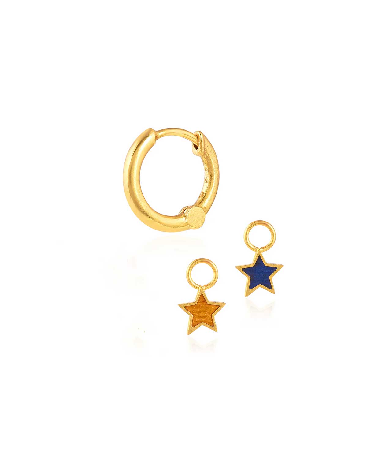 Gold mini hoop earrings with removable blue and orange enamel star charms