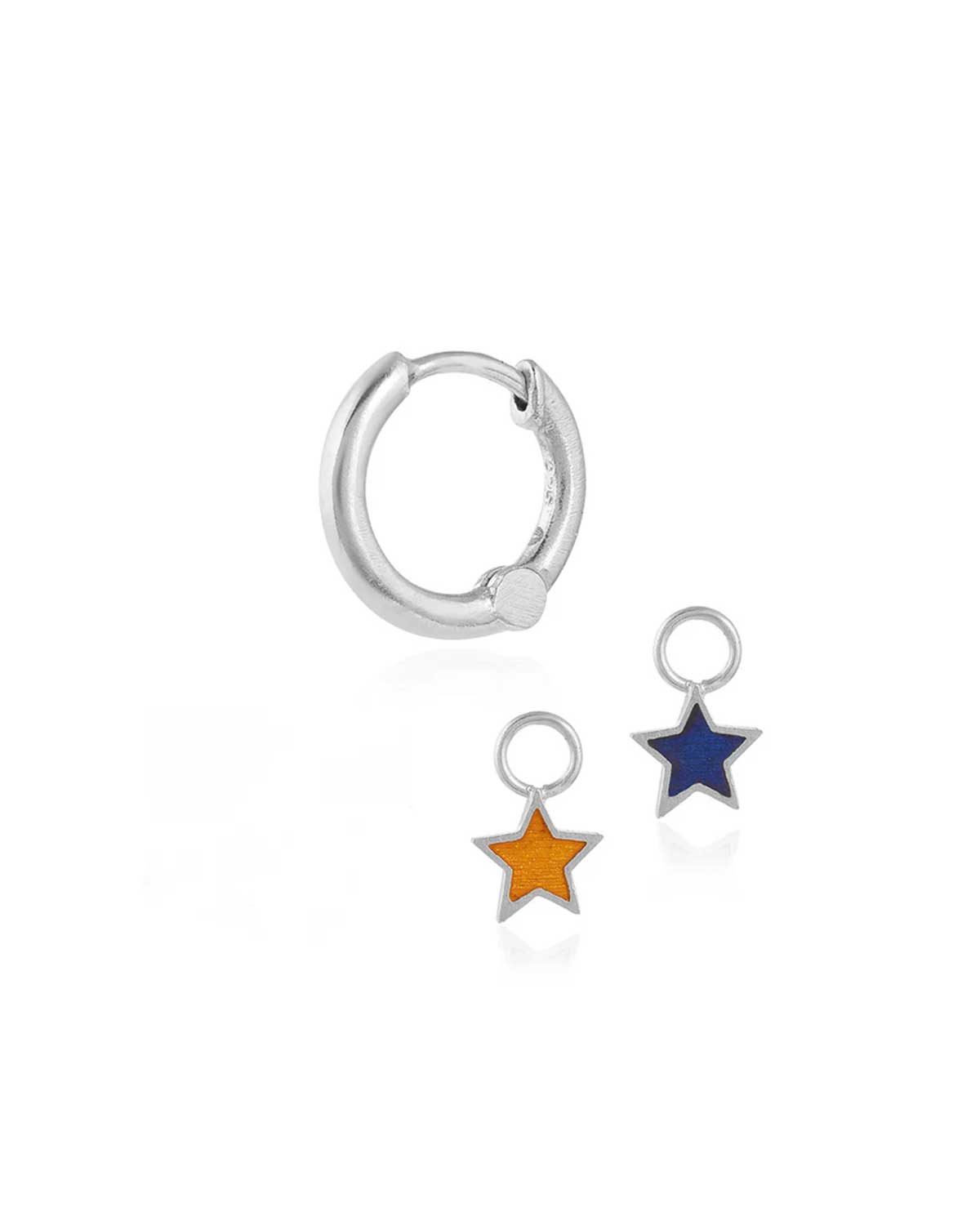 Sterling silver mini hoop earrings with blue and orange enamel star charms