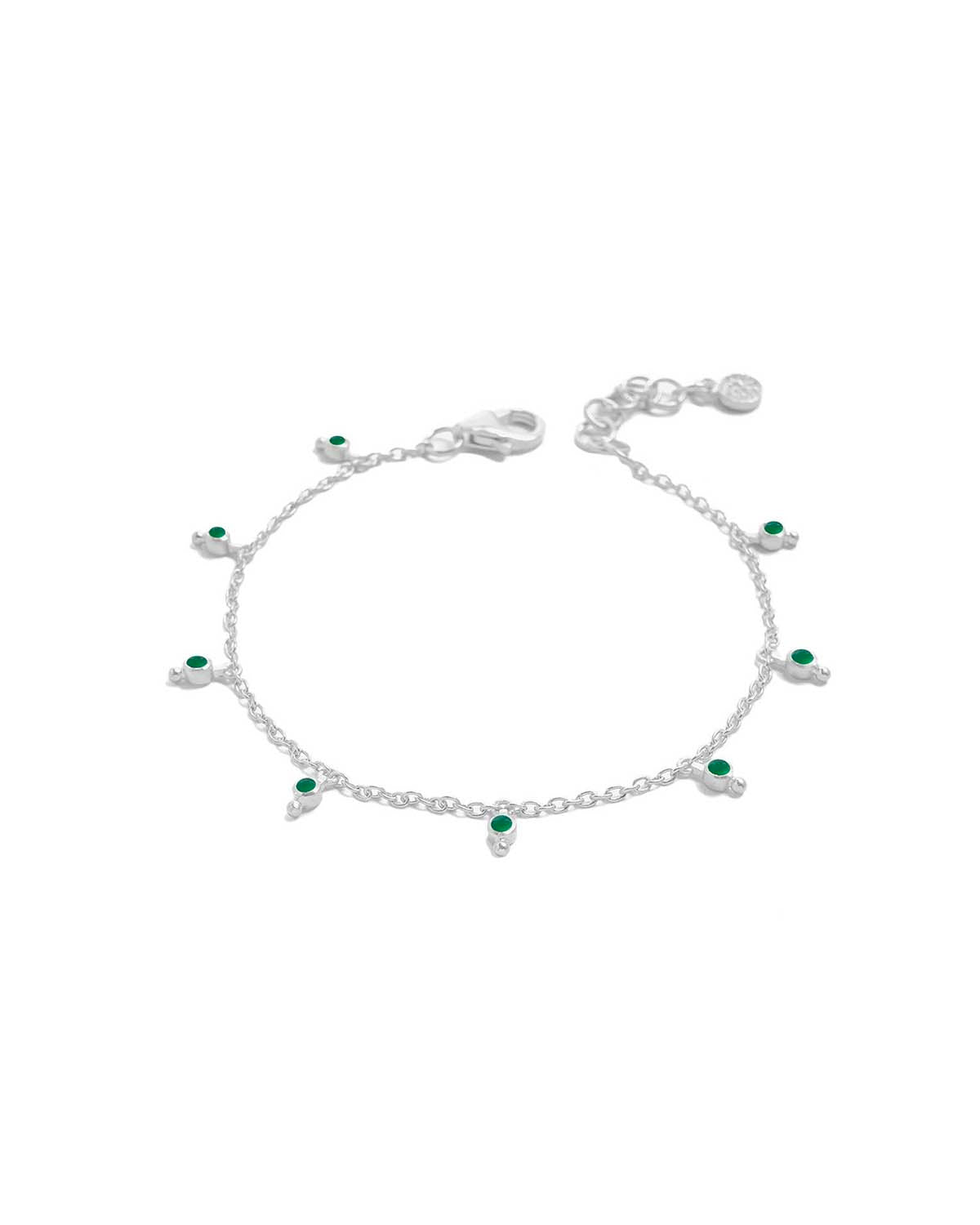 Silver bracelet with hand-cut green onyx gemstones and delicate chain