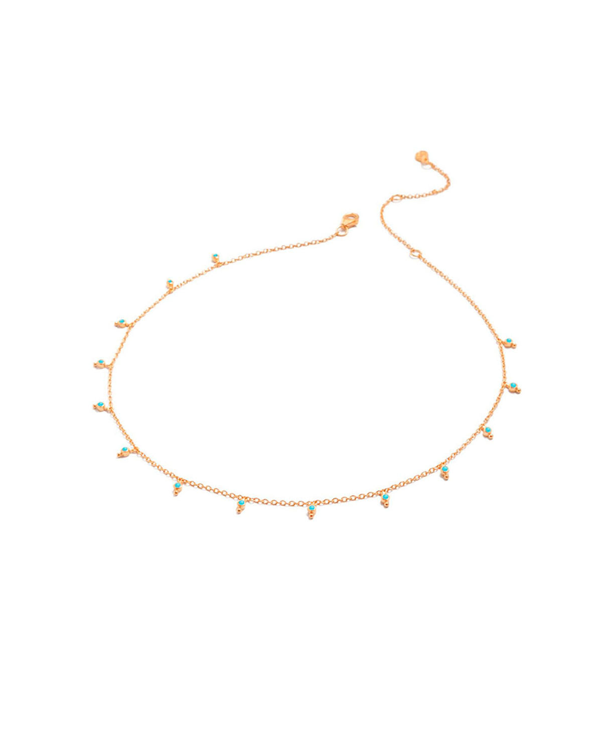 Gold necklace with tiny hand-cut turquoise gemstones and a delicate chain