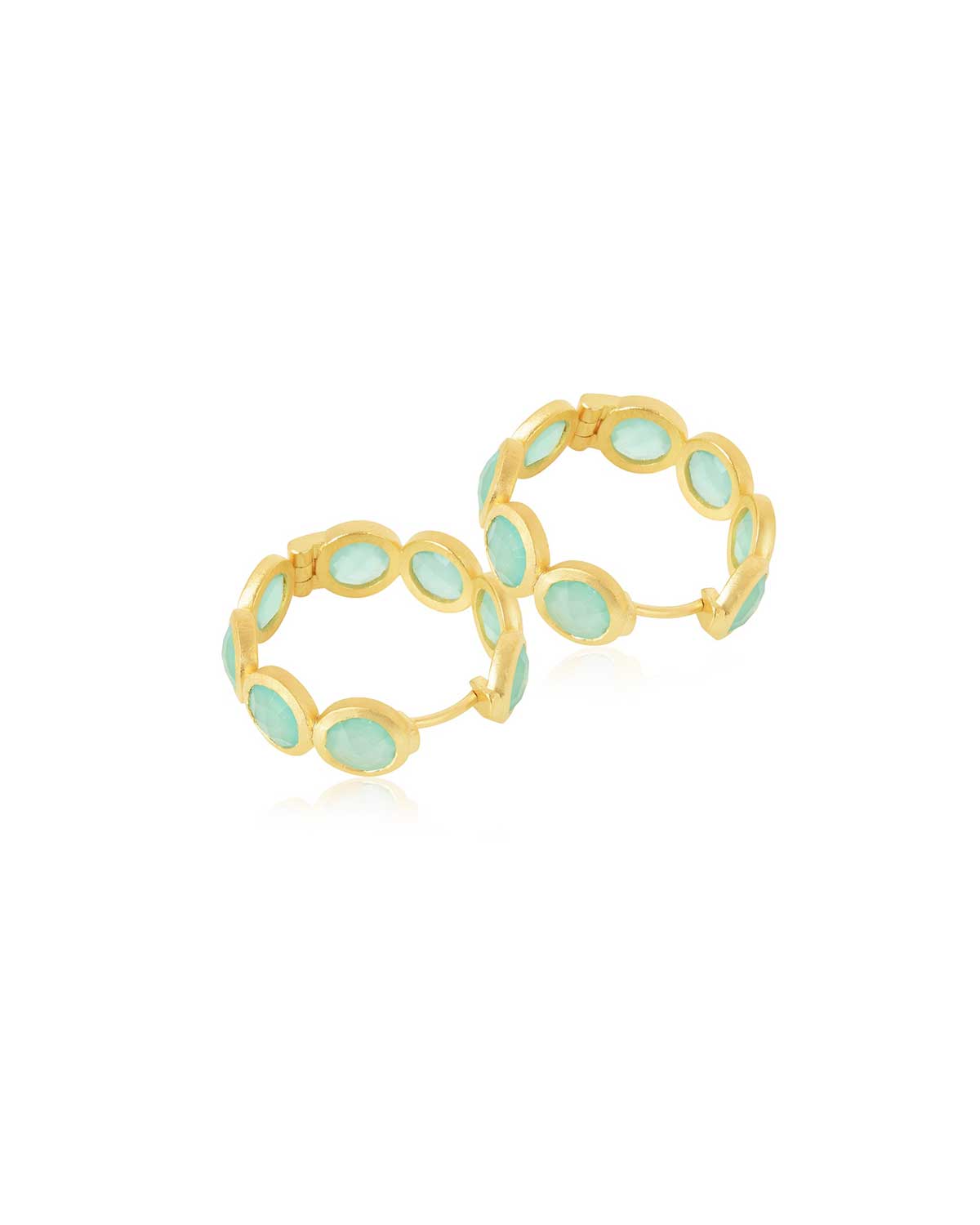 Small gold hoop earrings with aqua calcedony gemstones for everyday wear