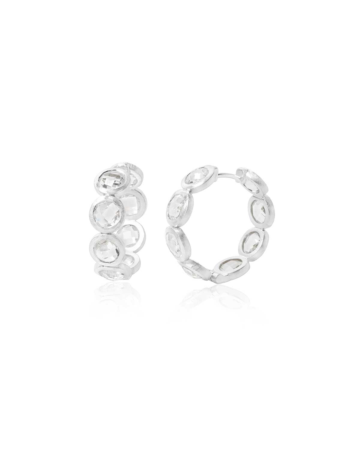 Crystal silver hoop earrings with a midsize design and polished finish