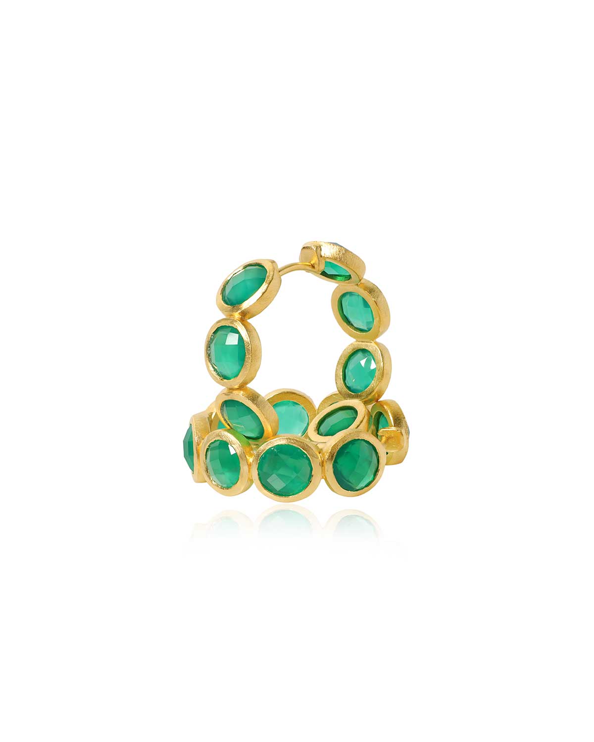 Gold hoop earrings with secure click closure and emerald green gemstones