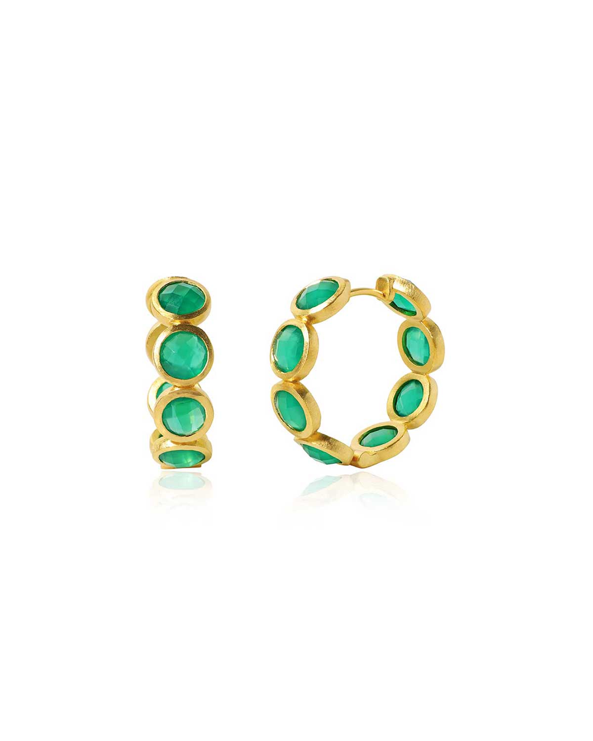 Small gold hoop earrings with emerald green gemstones and polished finish