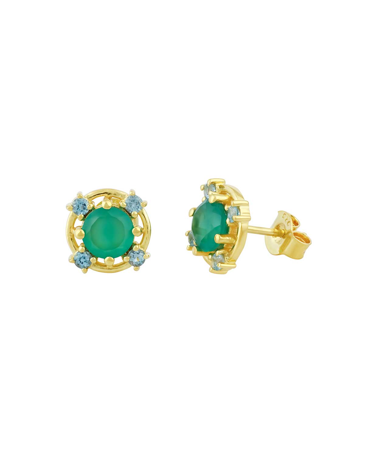 Gold stud earrings with green onyx and London blue topaz gemstones