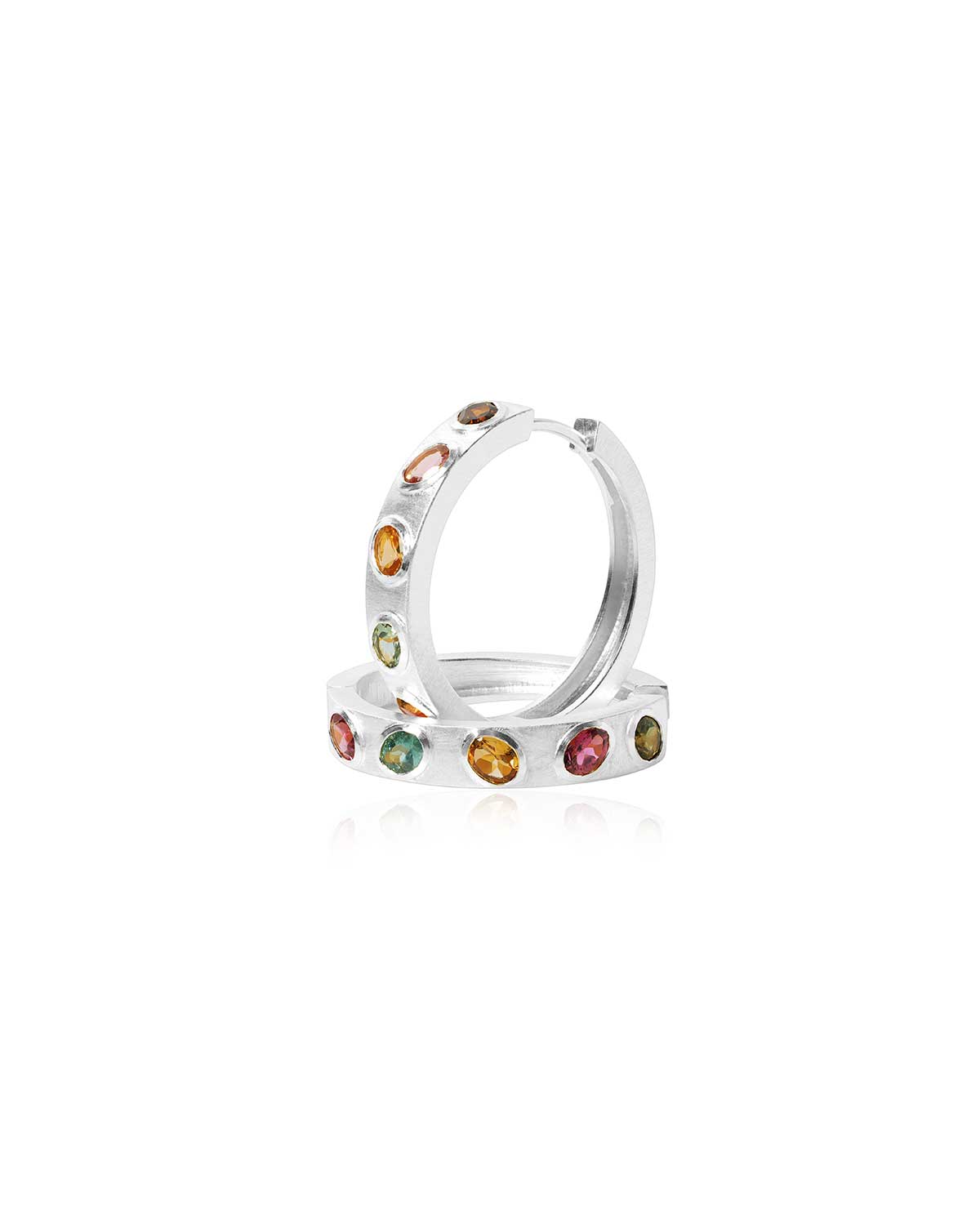 Textured silver hoop earrings with multi colour tourmaline gemstones