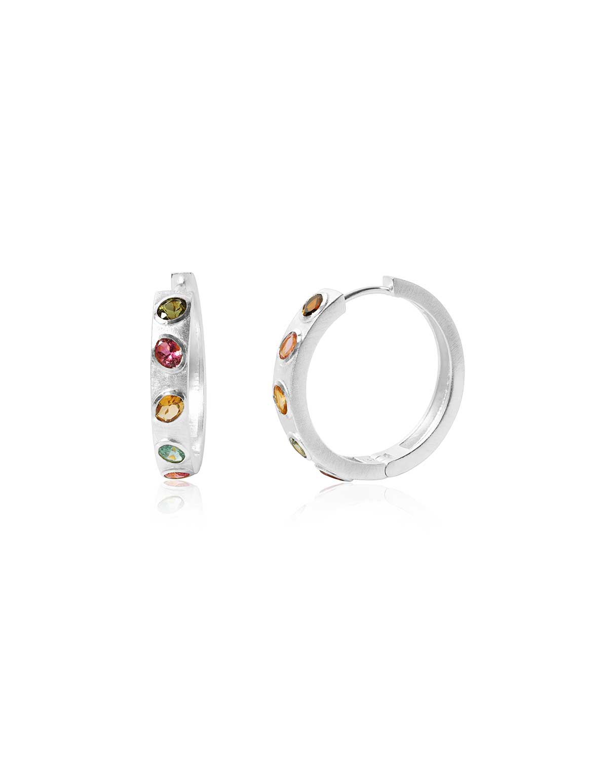Silver hoop earrings with multi colour tourmaline gemstones and textured finish