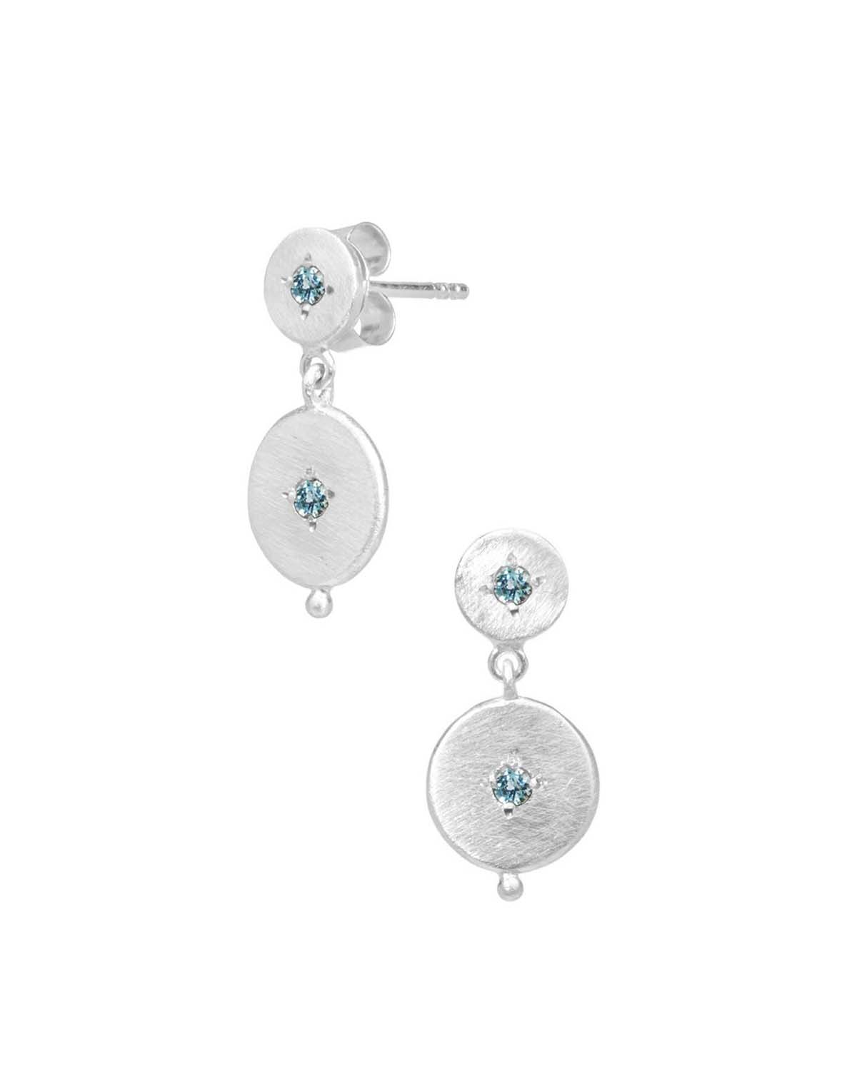 Silver drop earrings with double disk design and multiple gemstones