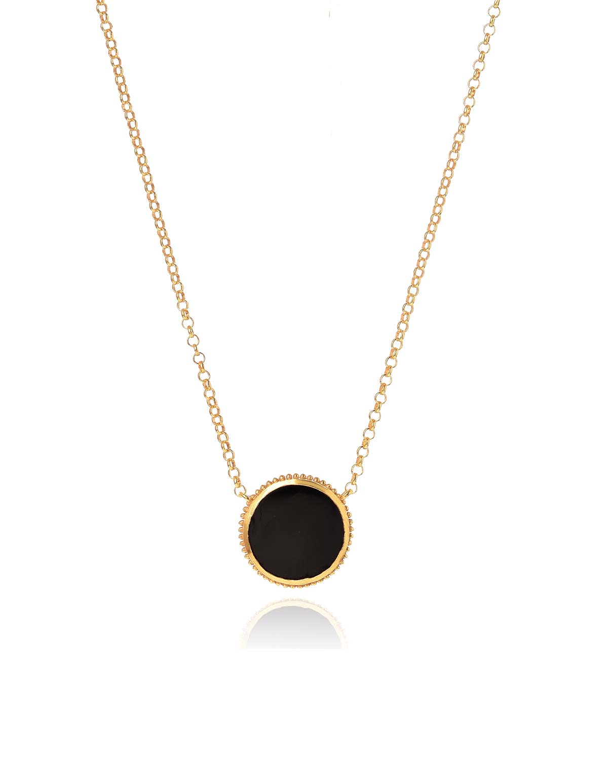 Gold necklace with a black spinel gemstone pendant, polished finish