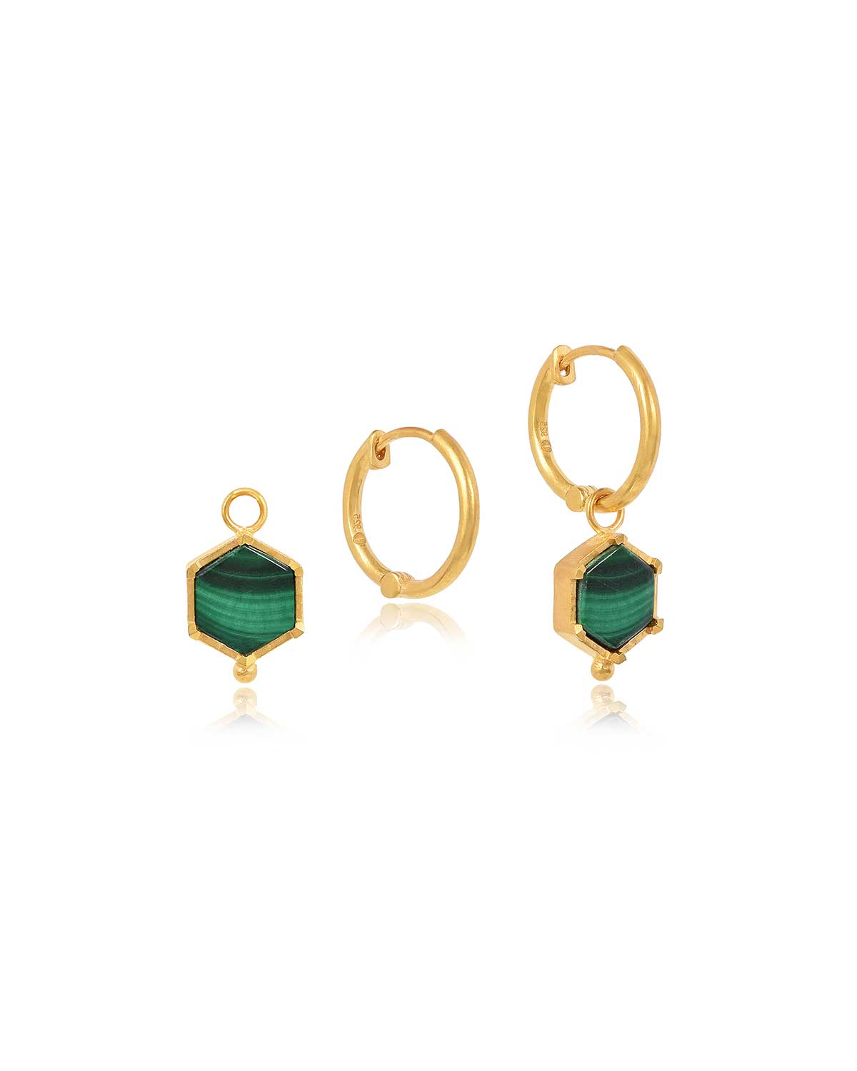 Gold mini hoop earrings with natural malachite gemstones and a polished finish