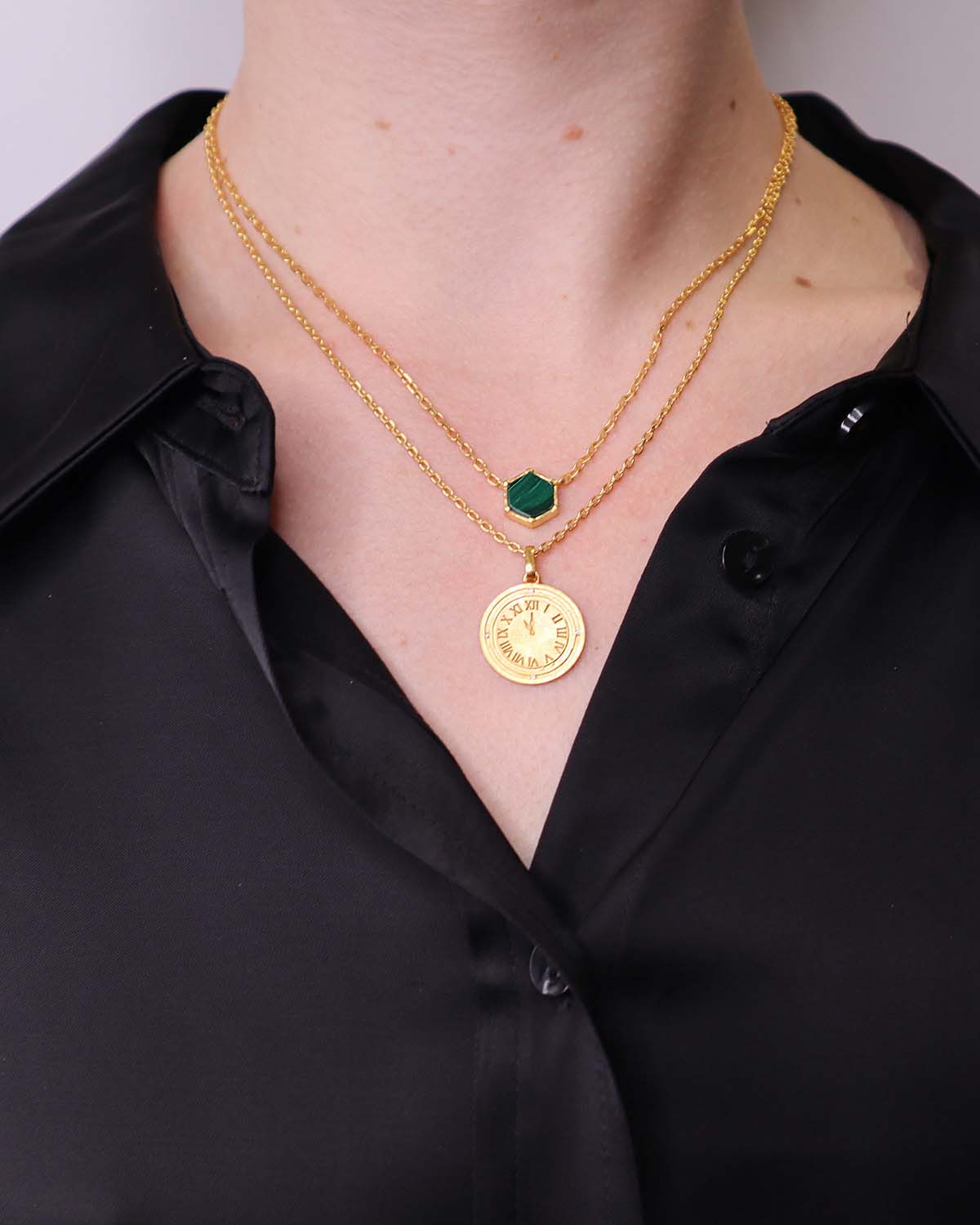 Everyday gold necklace with a natural malachite gemstone pendant