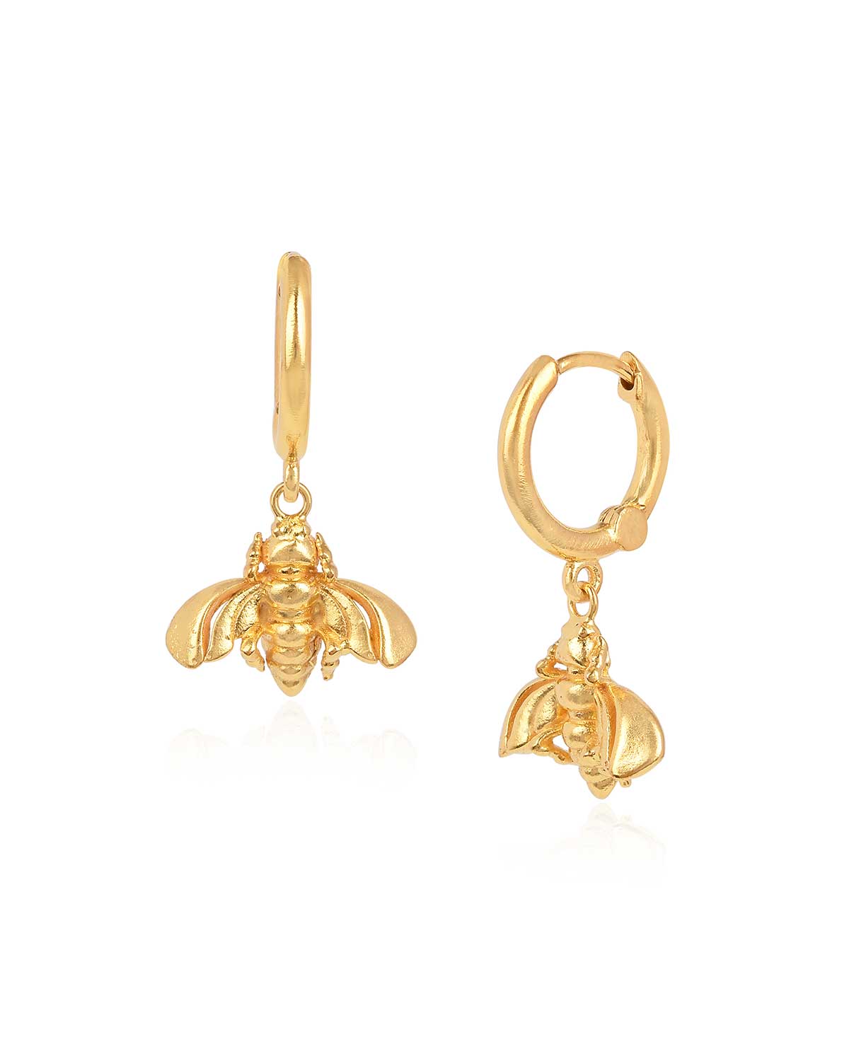 Mini gold hoop earrings featuring a delicate bee design with intricate details