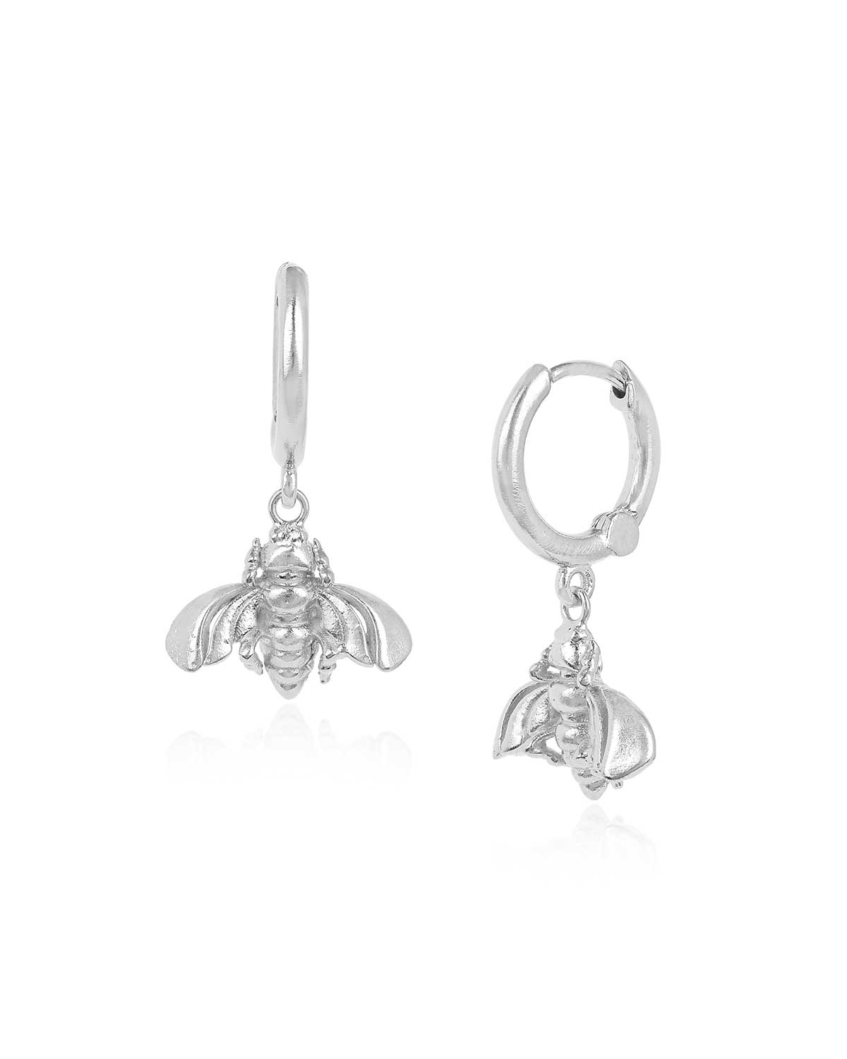 wisdom bee silver mini hoop earrings with front and side view