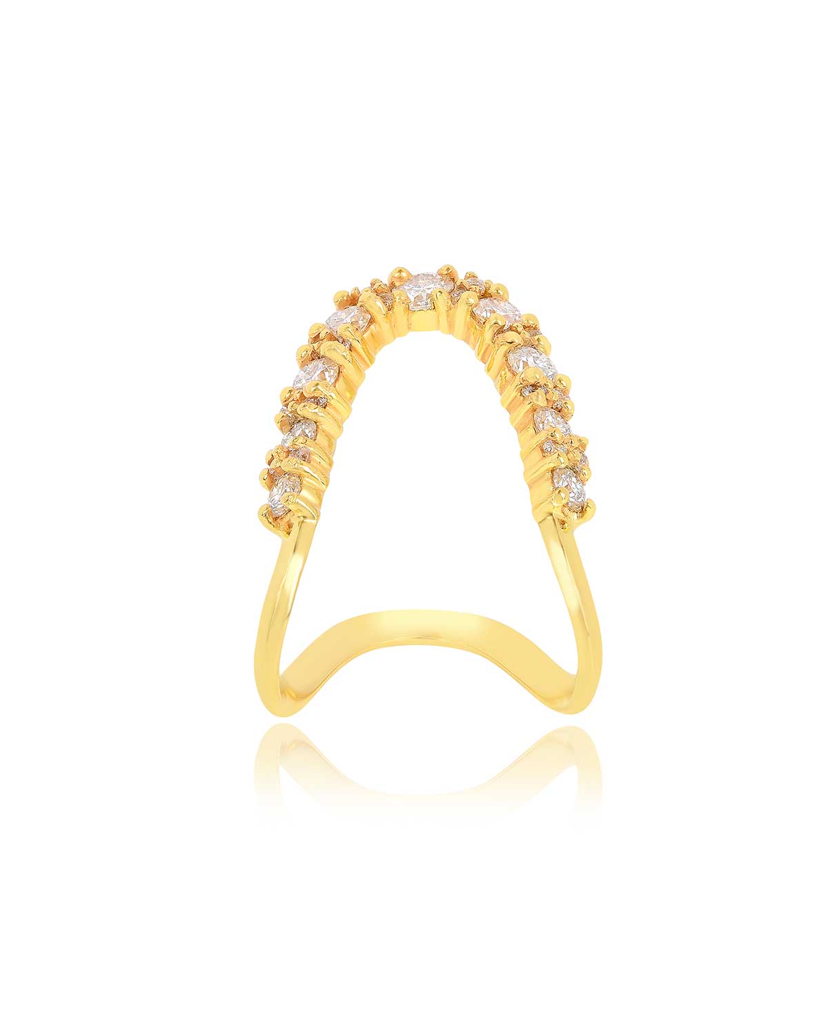 Angled view of gold ring showing sparkling moissanite diamonds from multiple perspectives