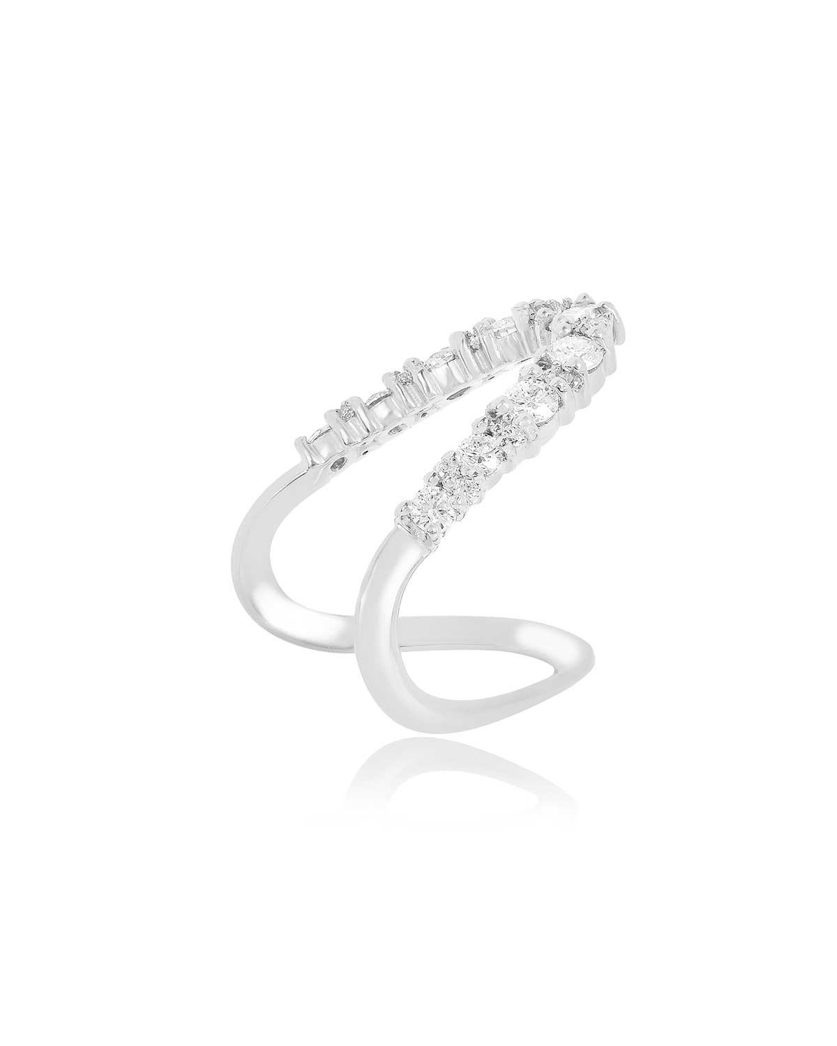 Angled view of sterling silver ring with Moissanite diamonds in varying sizes