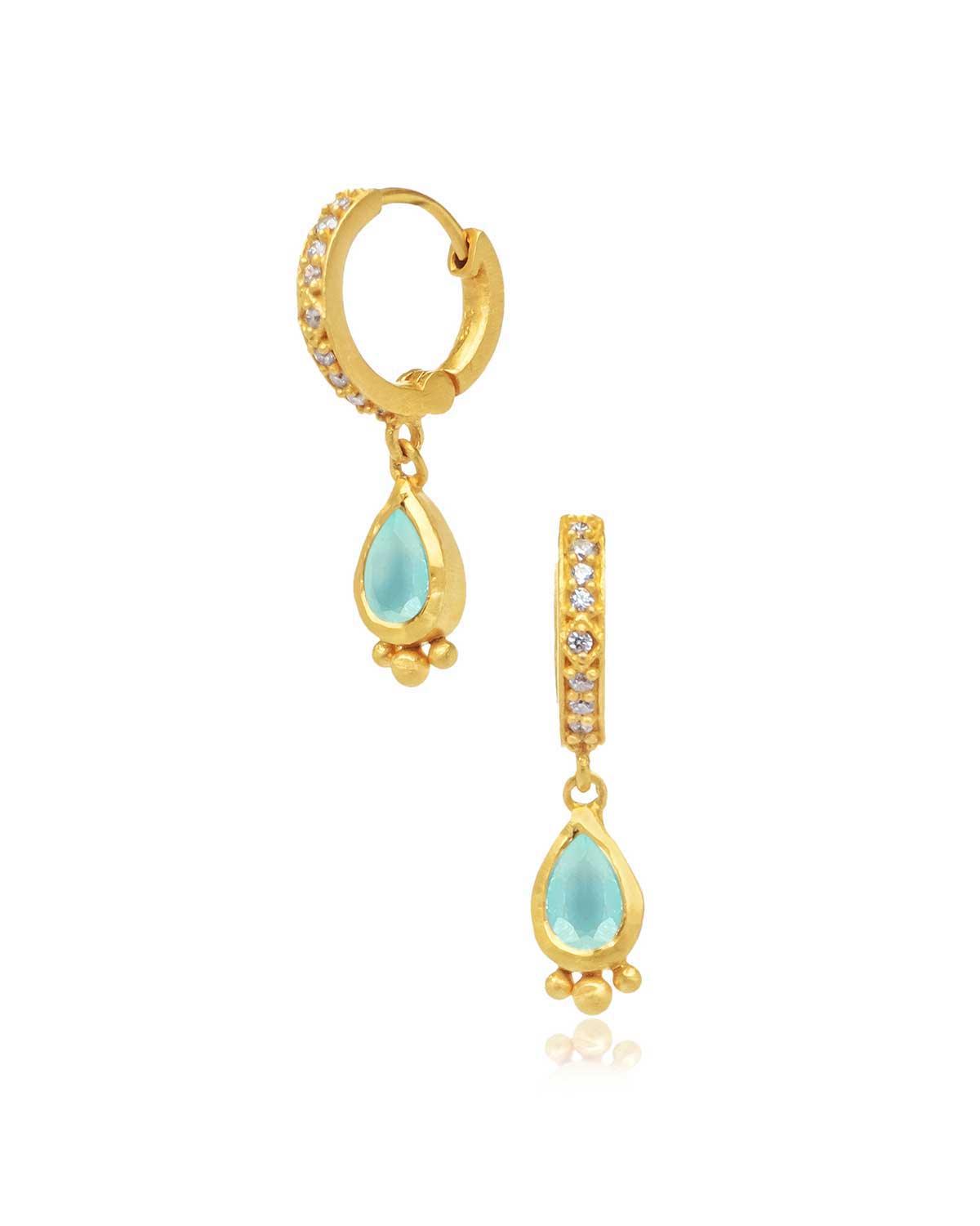 Aqua Chalcedony Teardrop Huggies in silver & gold - Jazzy 