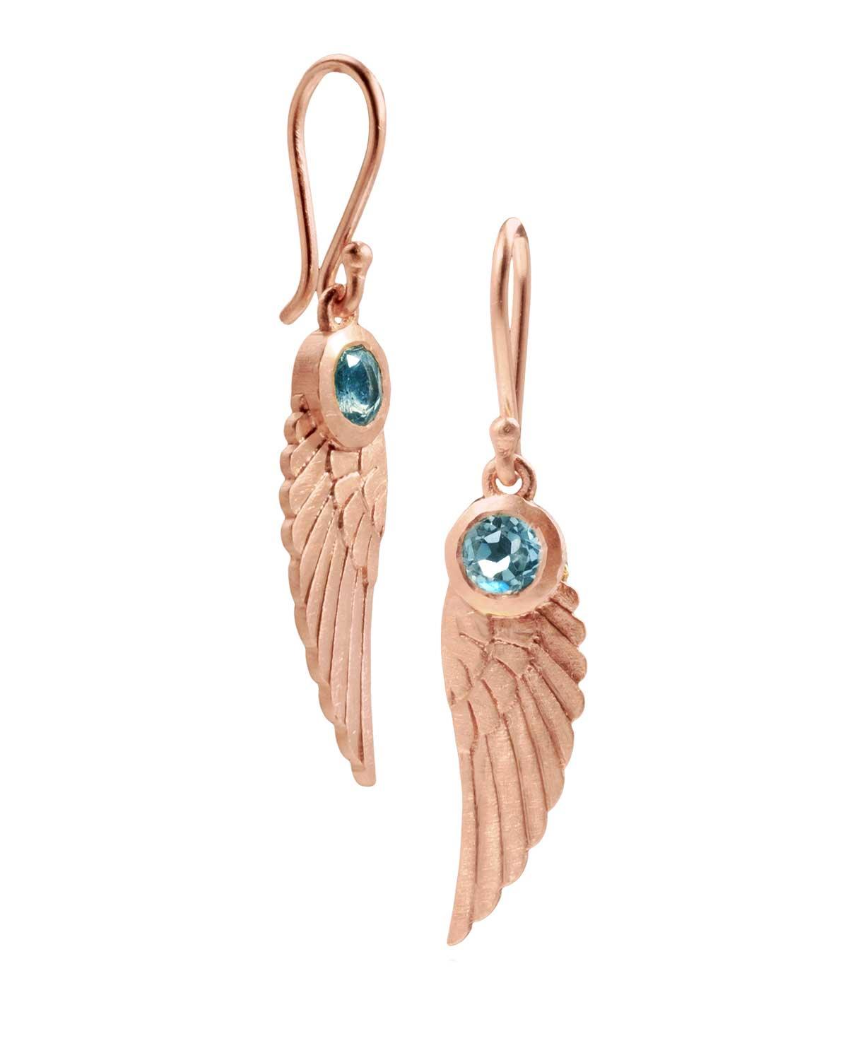 Lightweight angel wing earrings with blue topaz gemstones for everyday wear