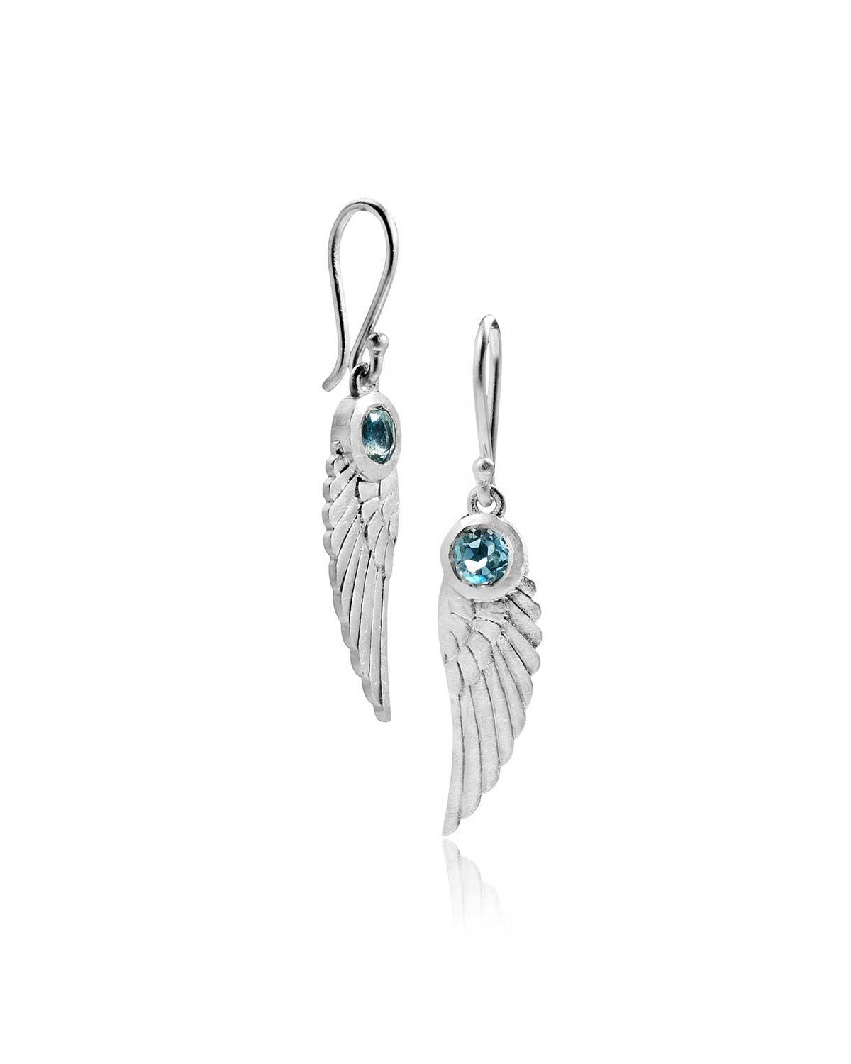Silver earrings with hand-cut natural gemstones in an angel wing design