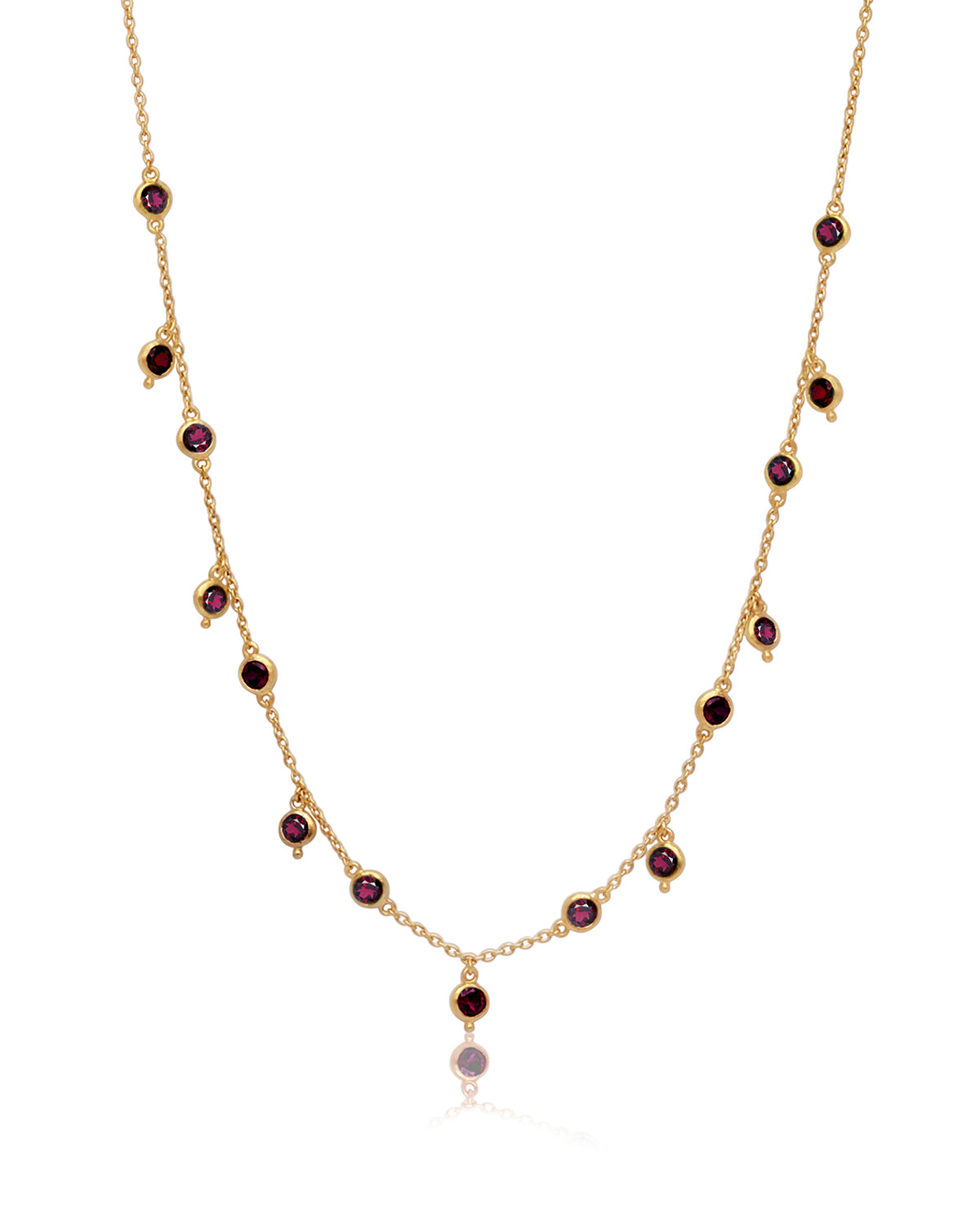 Gold necklace with rhodolite garnet gemstones in a refined polished design