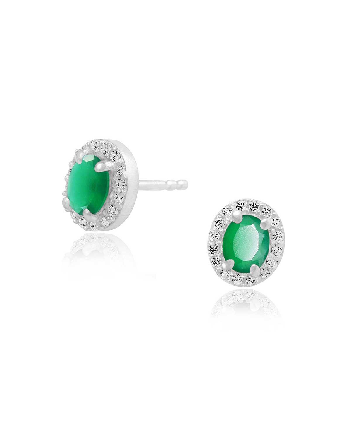 Silver ear stud earrings with green onyx gemstone and matte finish
