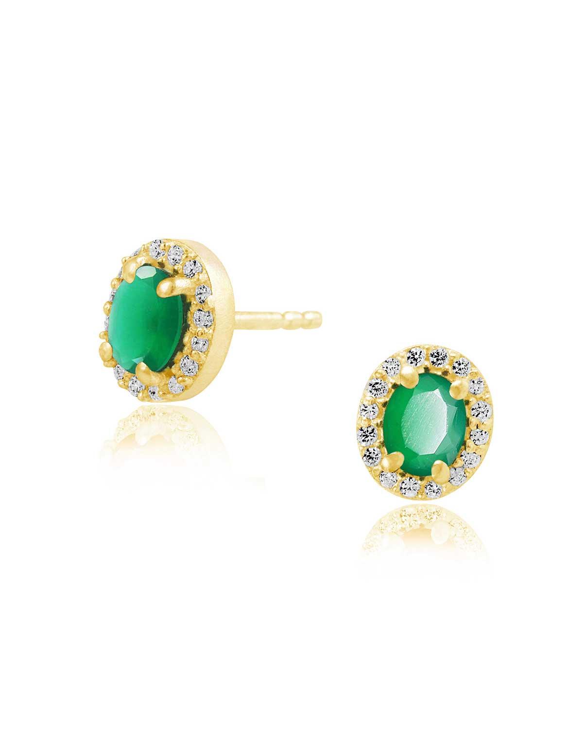 Side angle of green onyx stud earrings with gold plated setting