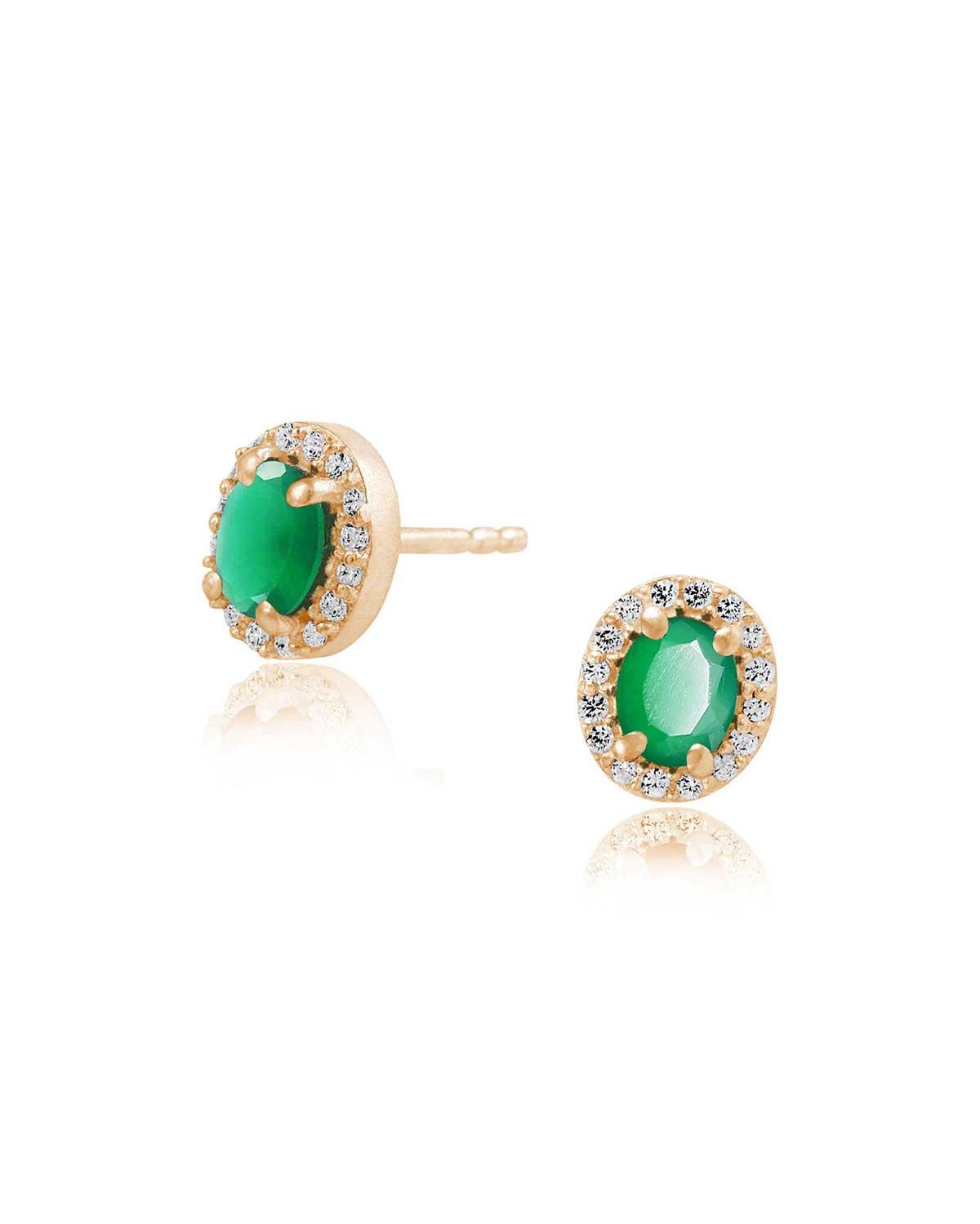 Gold plated stud earrings with green onyx gemstone and cubic crystal details