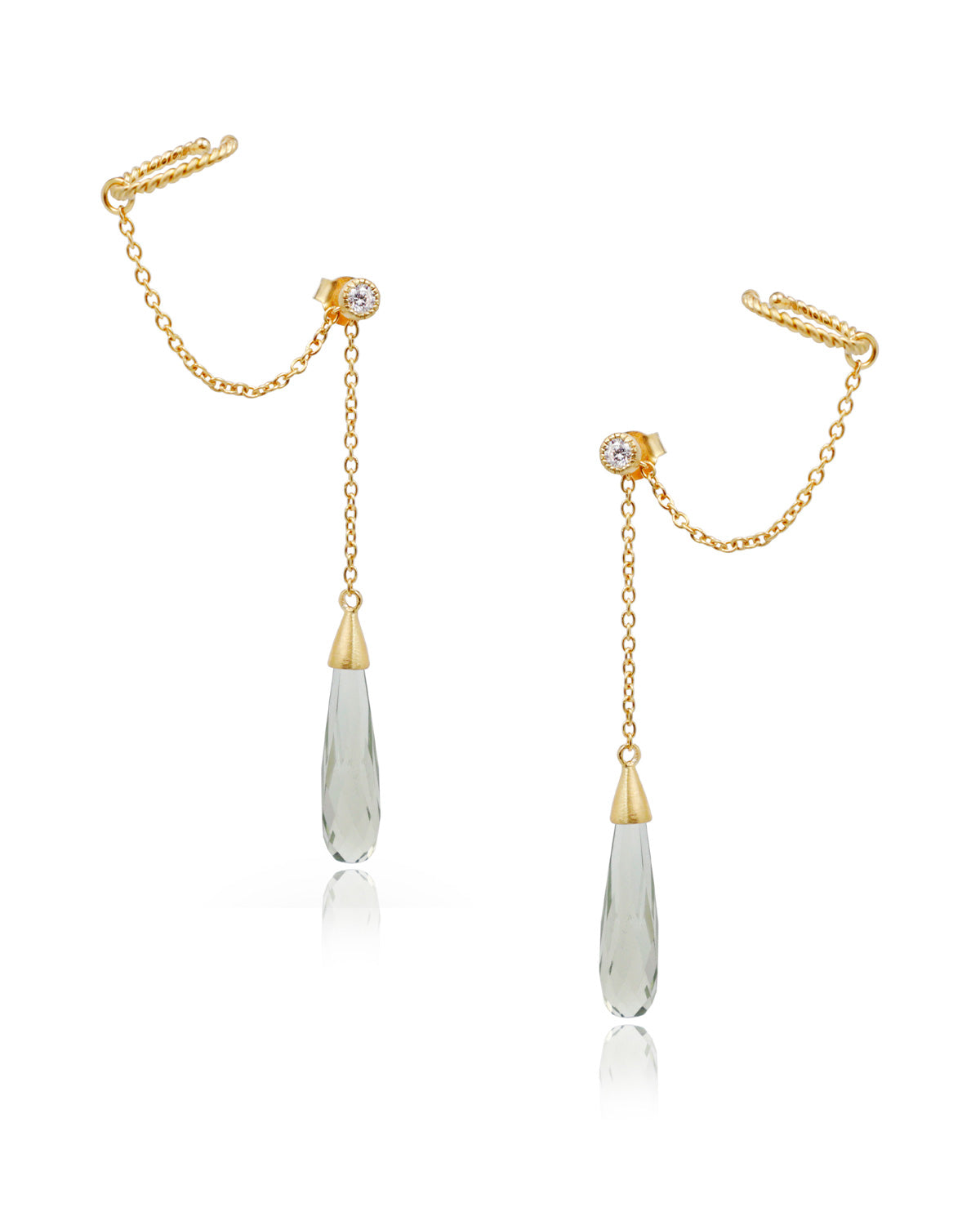 Front view of gold vermeil earrings with green amethyst gemstone
