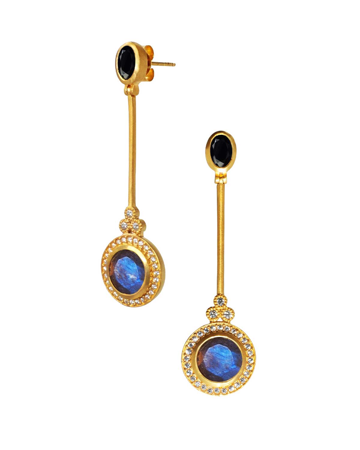 Gold earrings with faceted labradorite gemstones in a flowing design