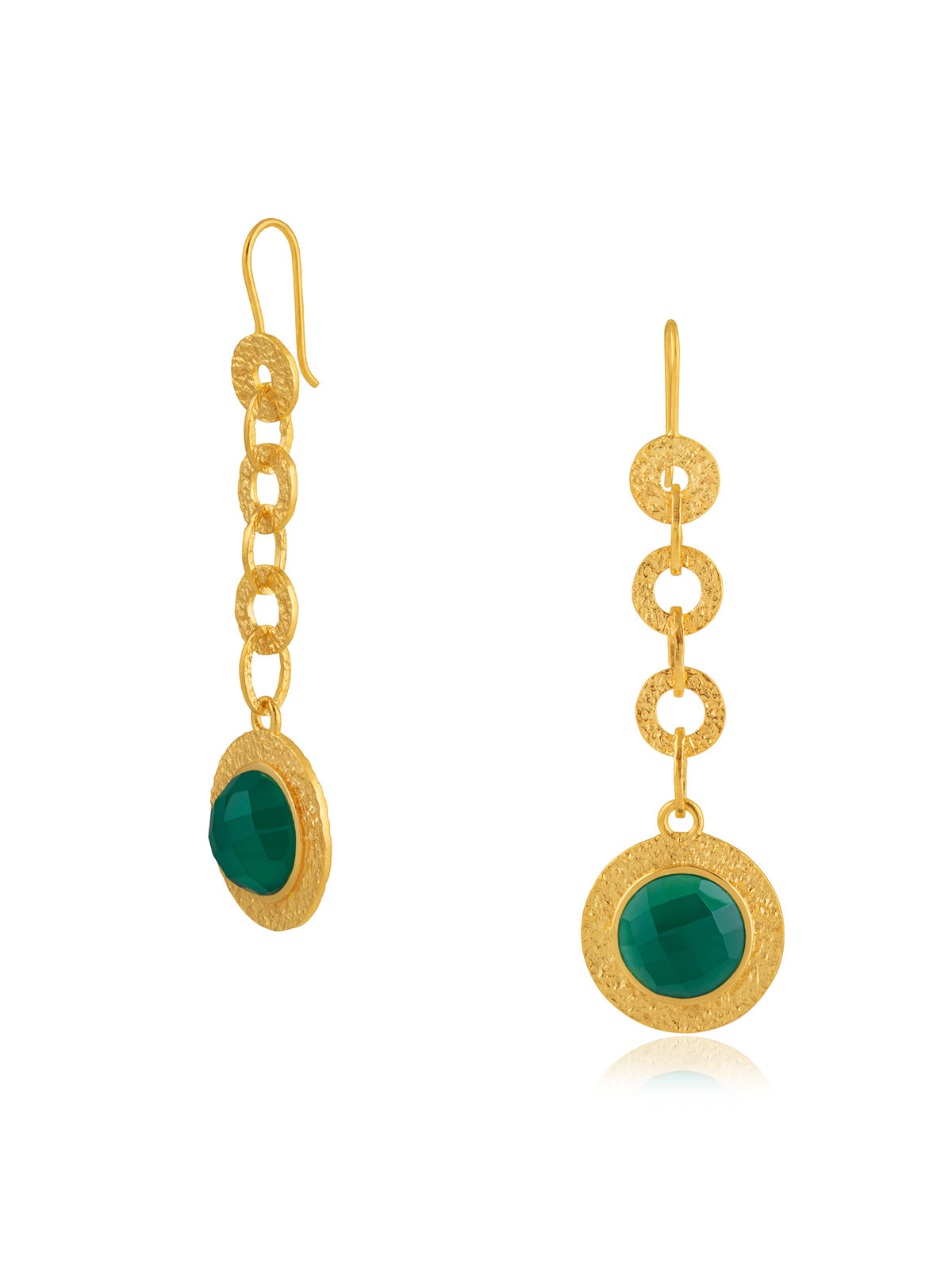 Gold drop earrings with emerald green gemstones in a matte finish