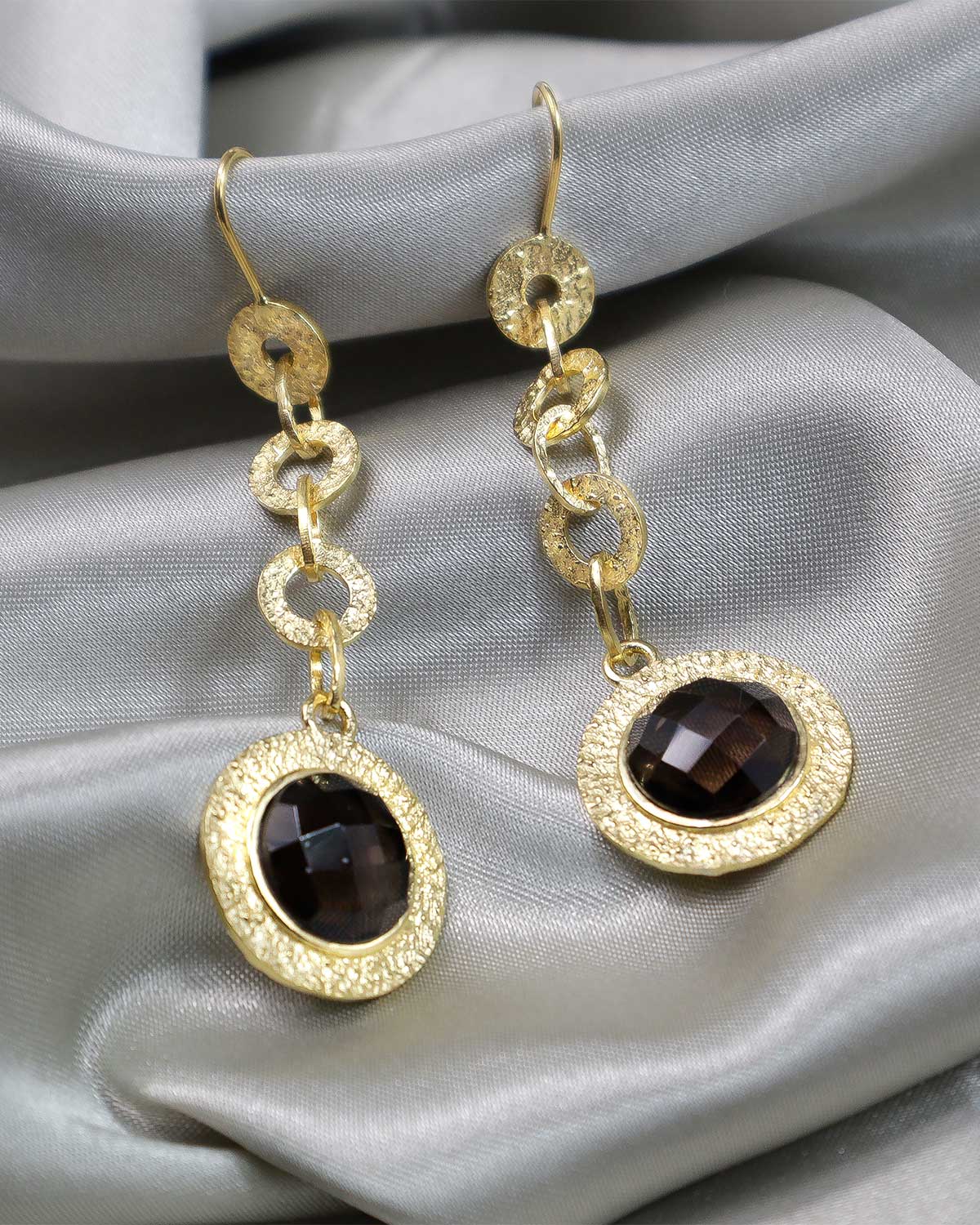 Gold drop earrings with smoky quartz gemstones and light matte finish