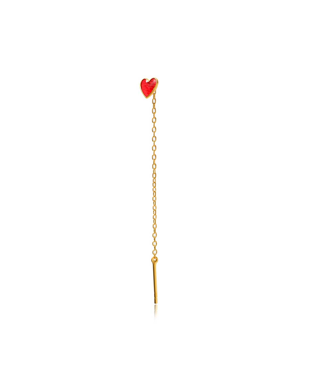 Pull-through gold earrings with red enamel heart design