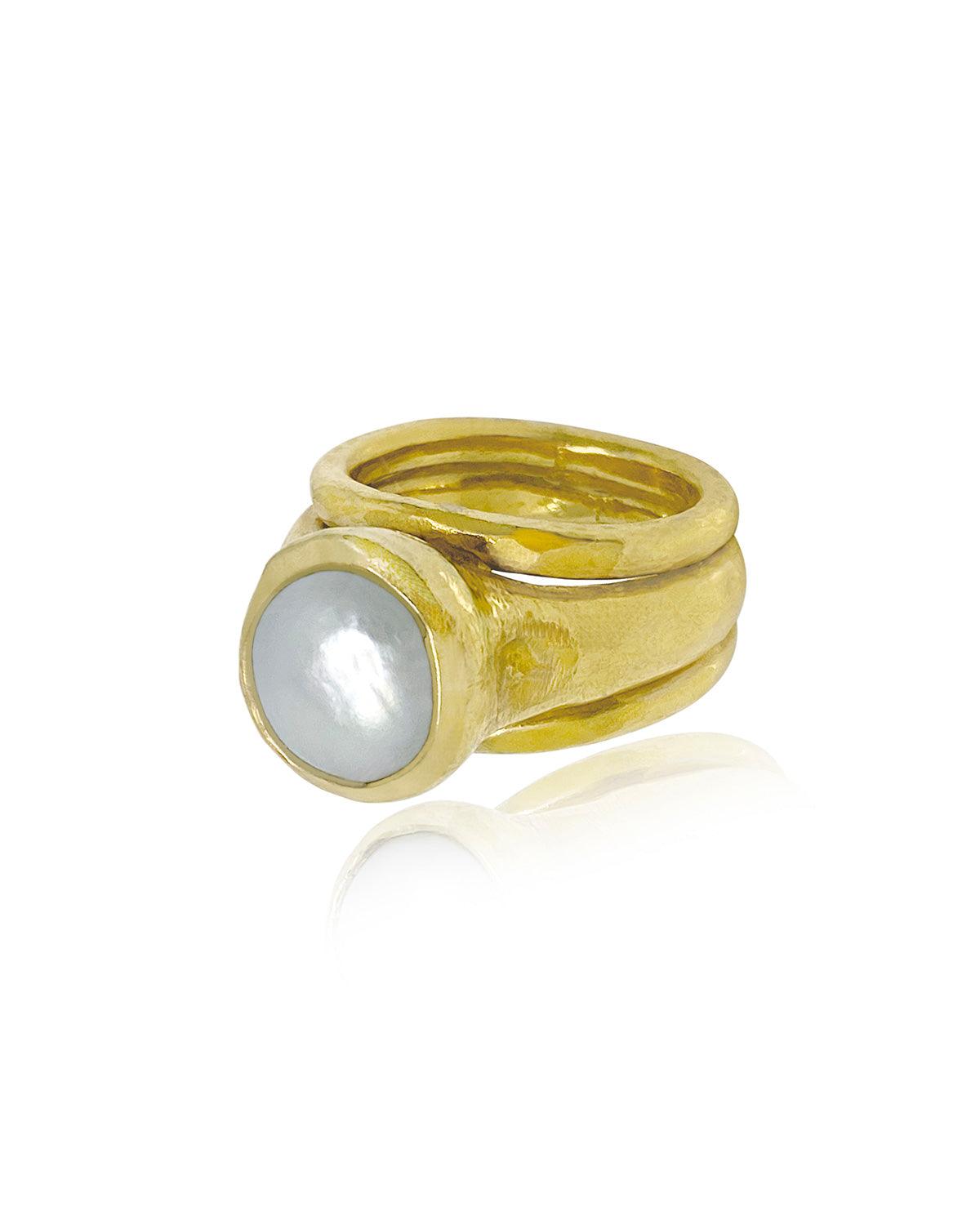 Gold plated ring with eco sterling silver and baroque pearl